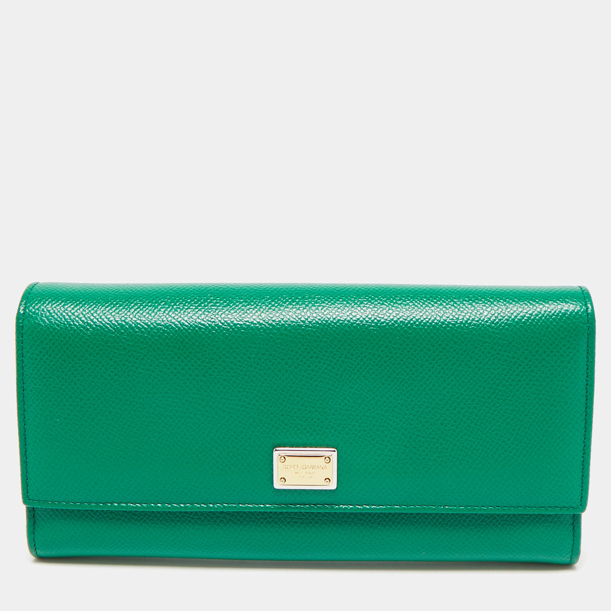 Pre Owned Dolce & Gabbana Green Leather Flap Continental Wallet