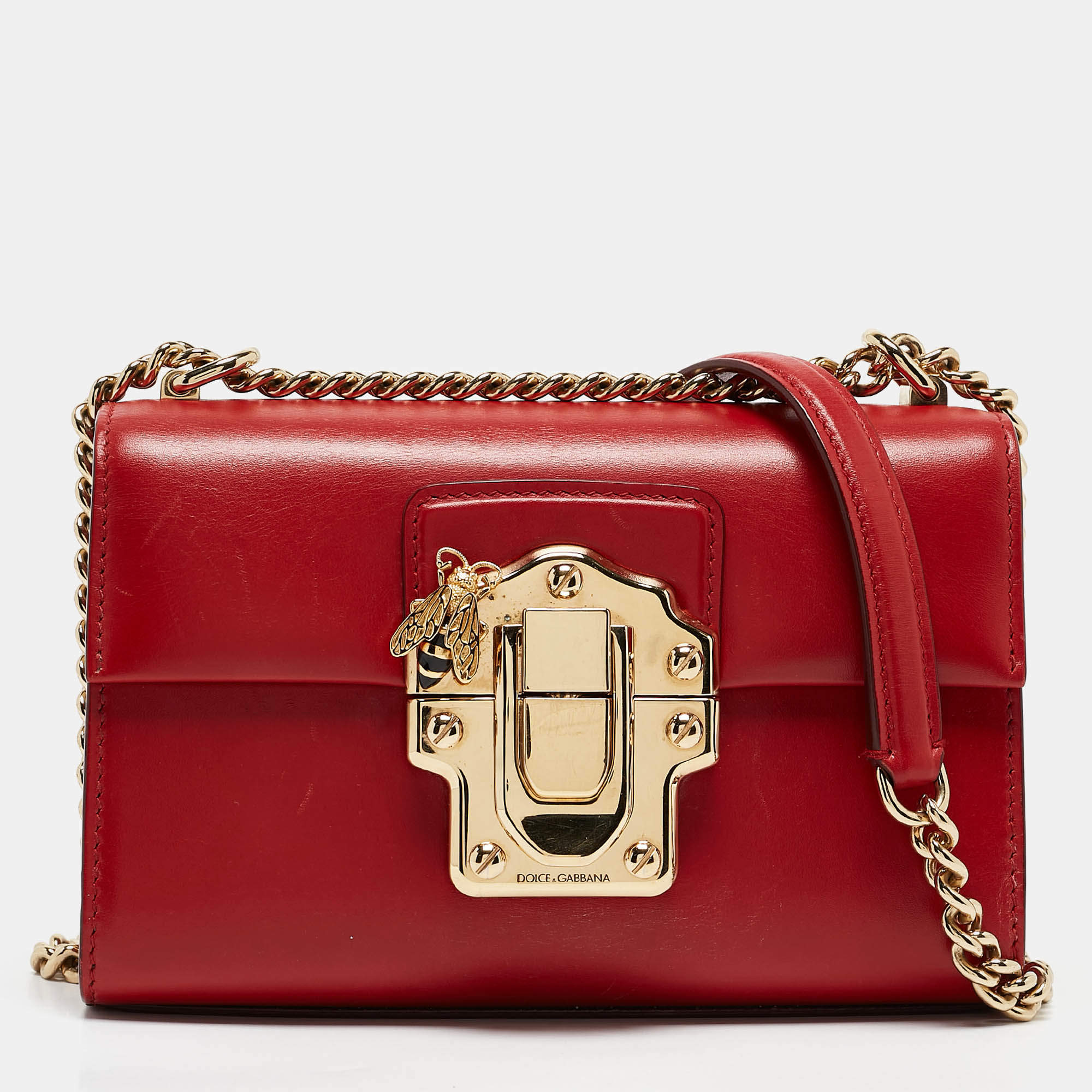 Pre Owned Dolce & Gabbana Red Leather Lucia Bee Shoulder Bag 
