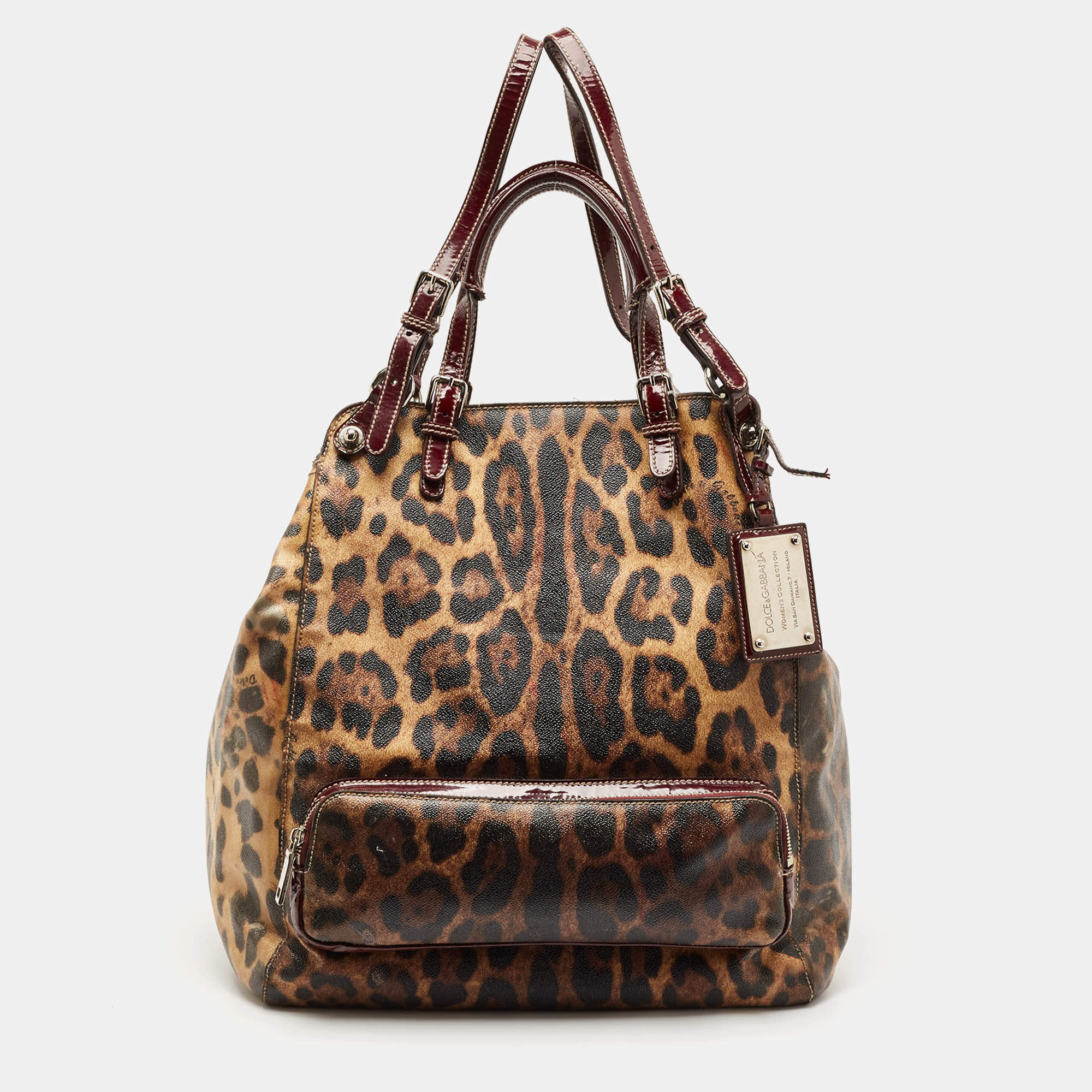 Pre Owned Dolce & Gabbana Burgundy Leopard Print Coated Canvas Miss Pocket Tote