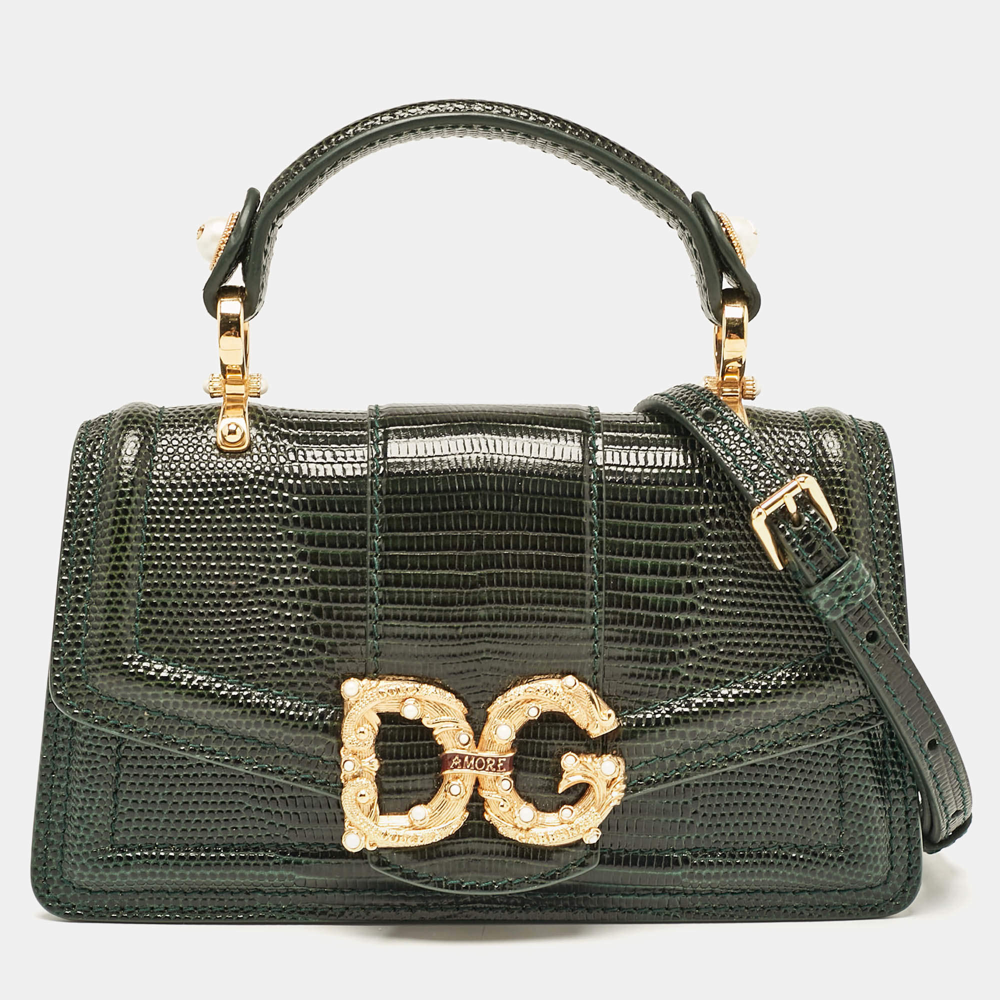 Dolce & Gabbana Green Lizard Embossed Leather Mini DG Amore Top Handle Bag