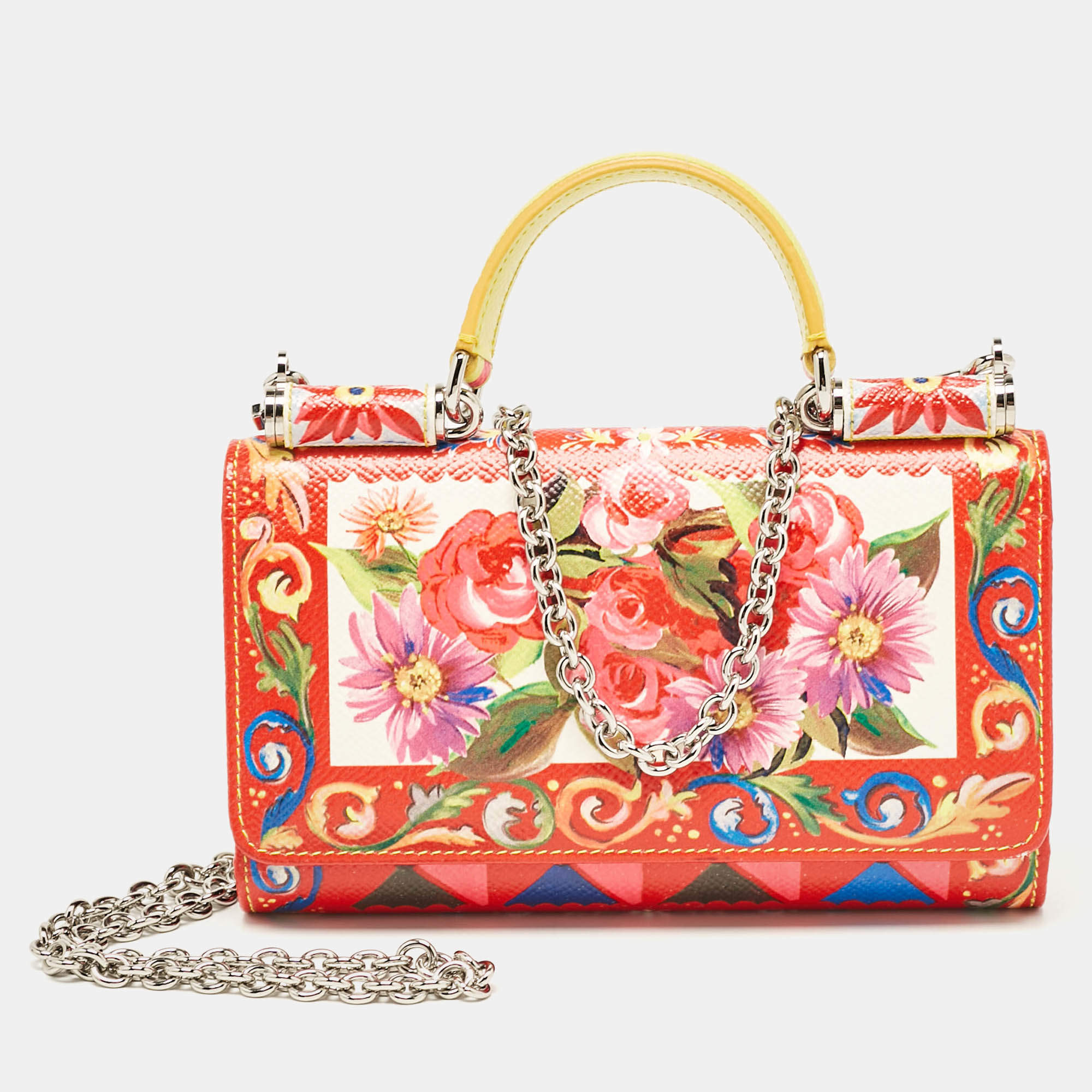Pre Owned Dolce & Gabbana Multicolor Printed Leather Miss Sicily Von Wallet on chain