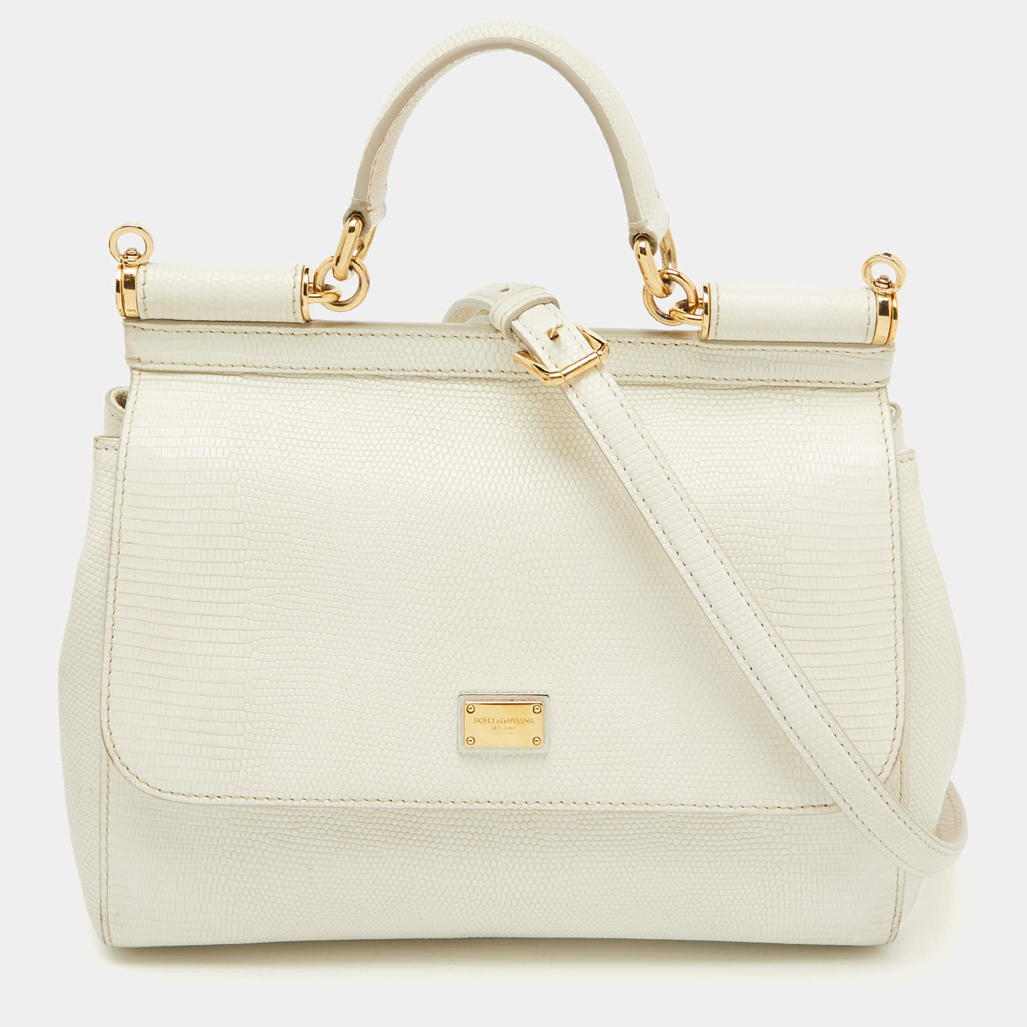 Pre Owned Dolce & Gabbana White Lizard Embossed Leather Medium Miss Sicily Top Handle Bag