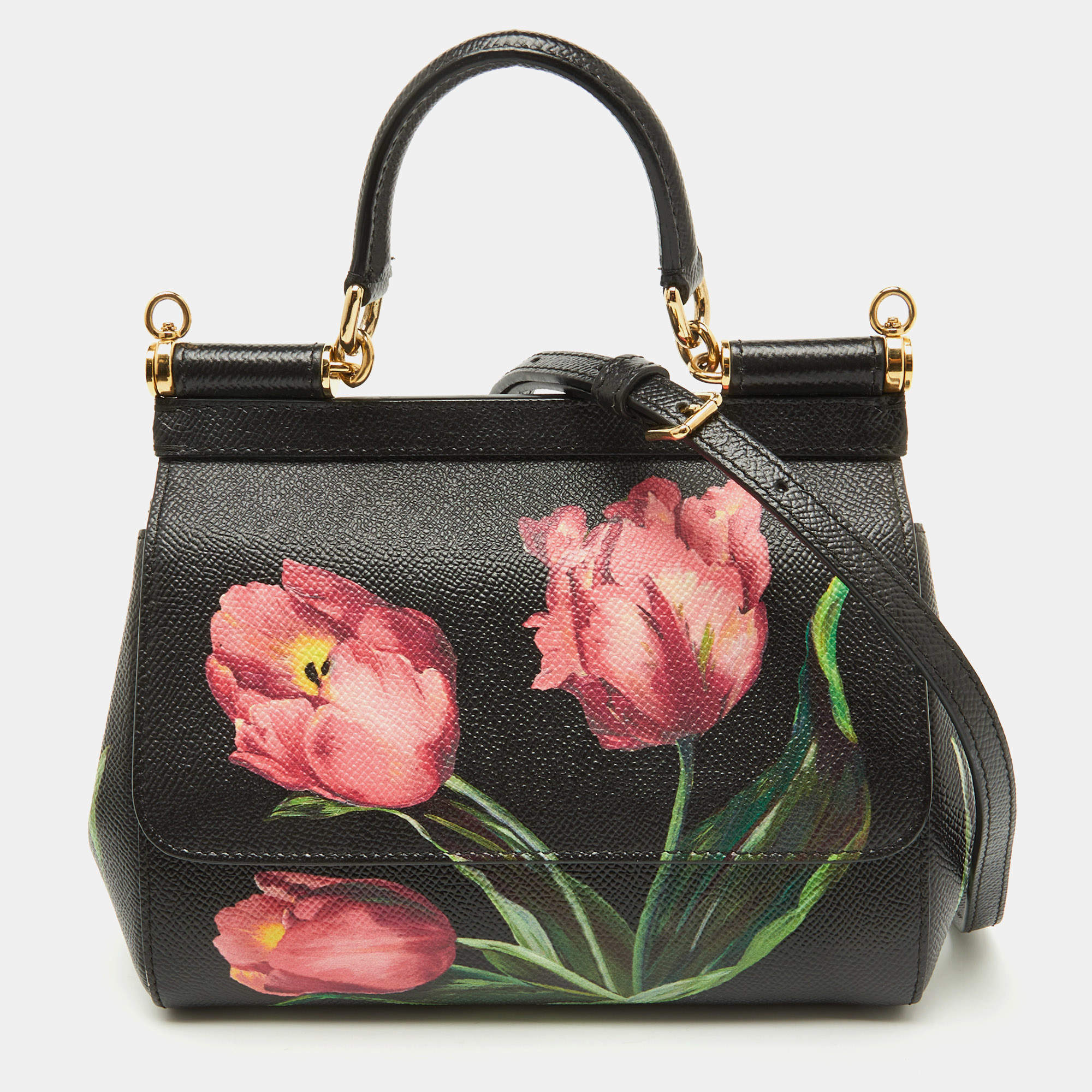 Pre Owned Dolce & Gabbana Black Leather Floral Small Miss Sicily Top Handle Bag