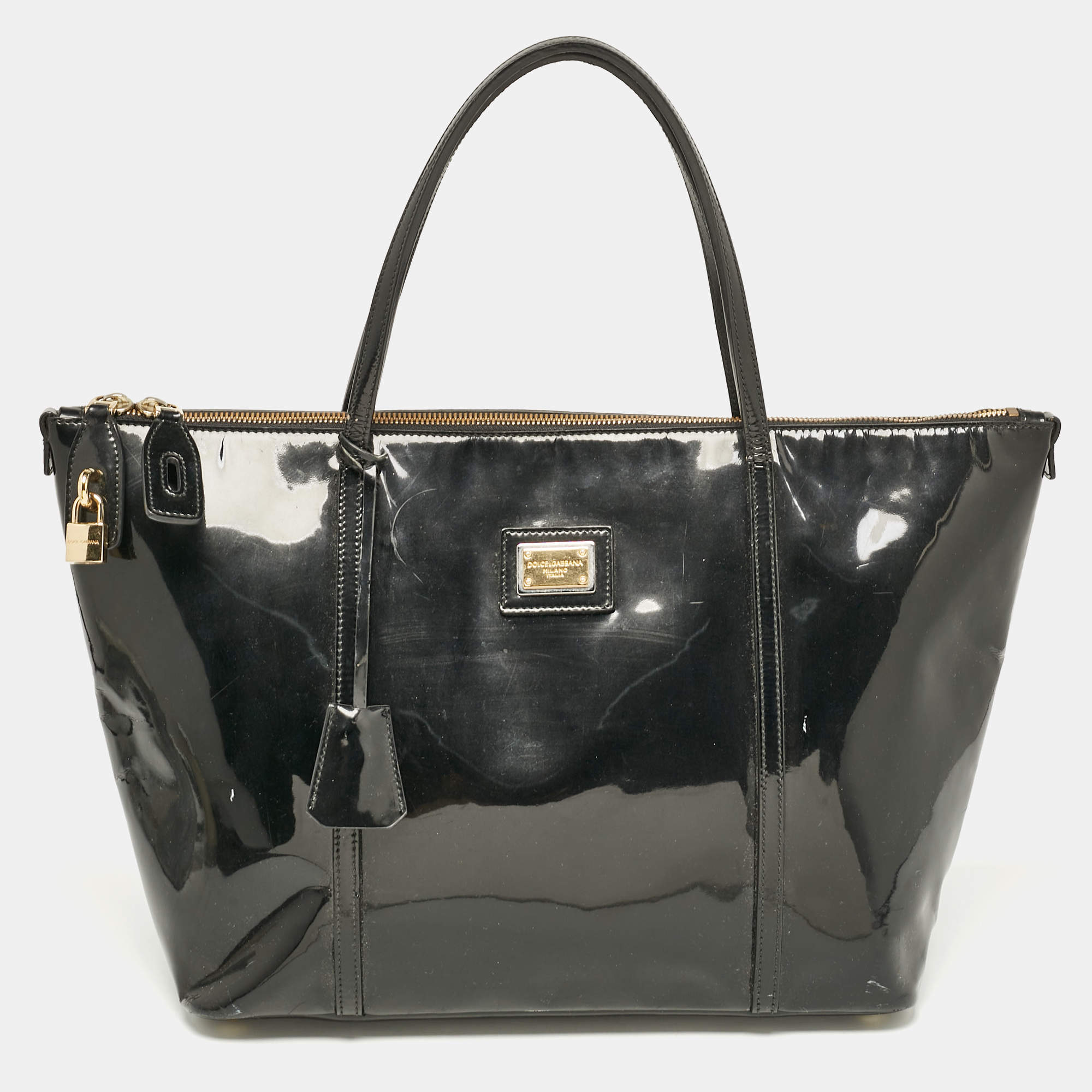Pre Owned Dolce & Gabbana Black Patent Leather Miss Escape Zip Tote