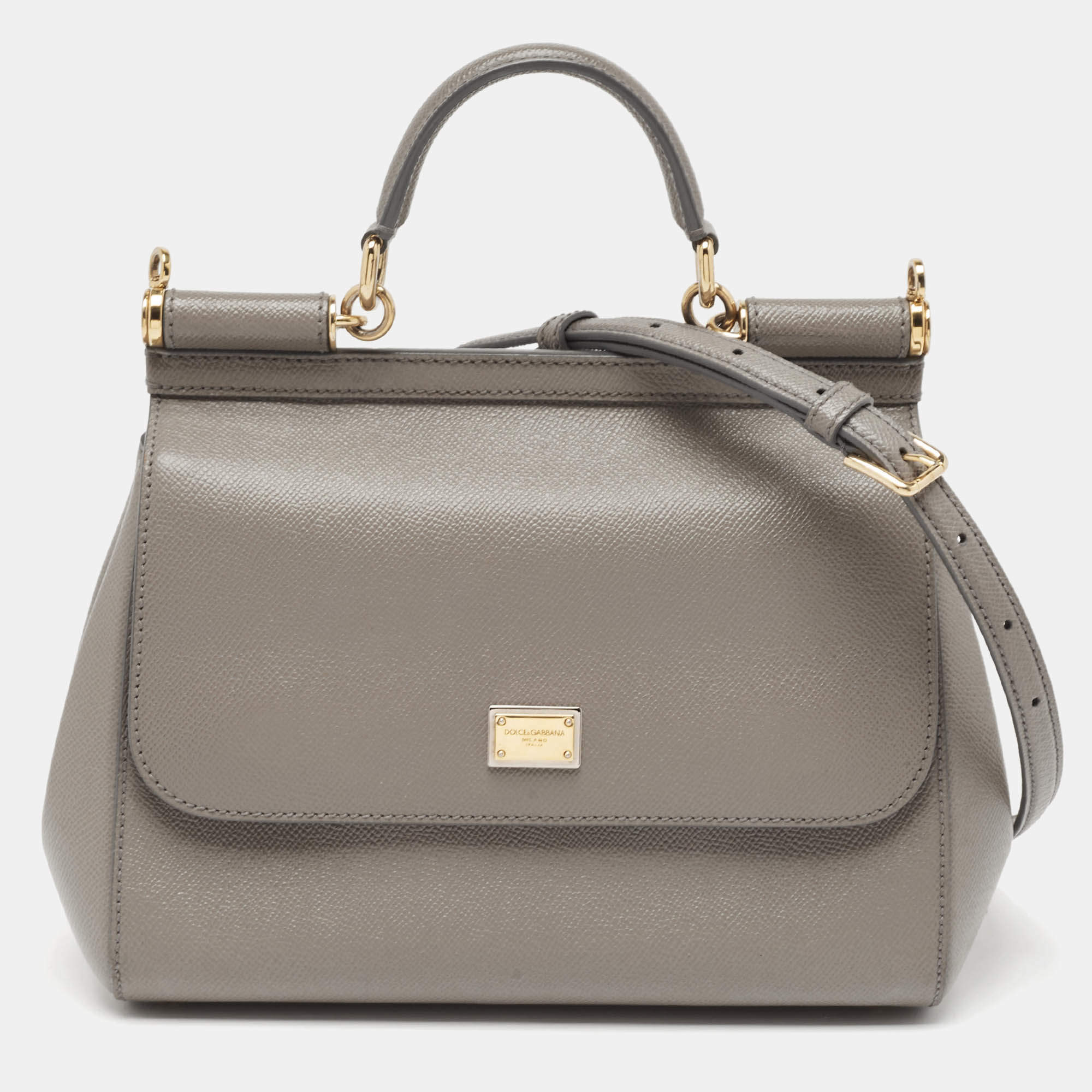 Pre Owned Dolce & Gabbana Grey Leather Medium Miss Sicily Top Handle Bag