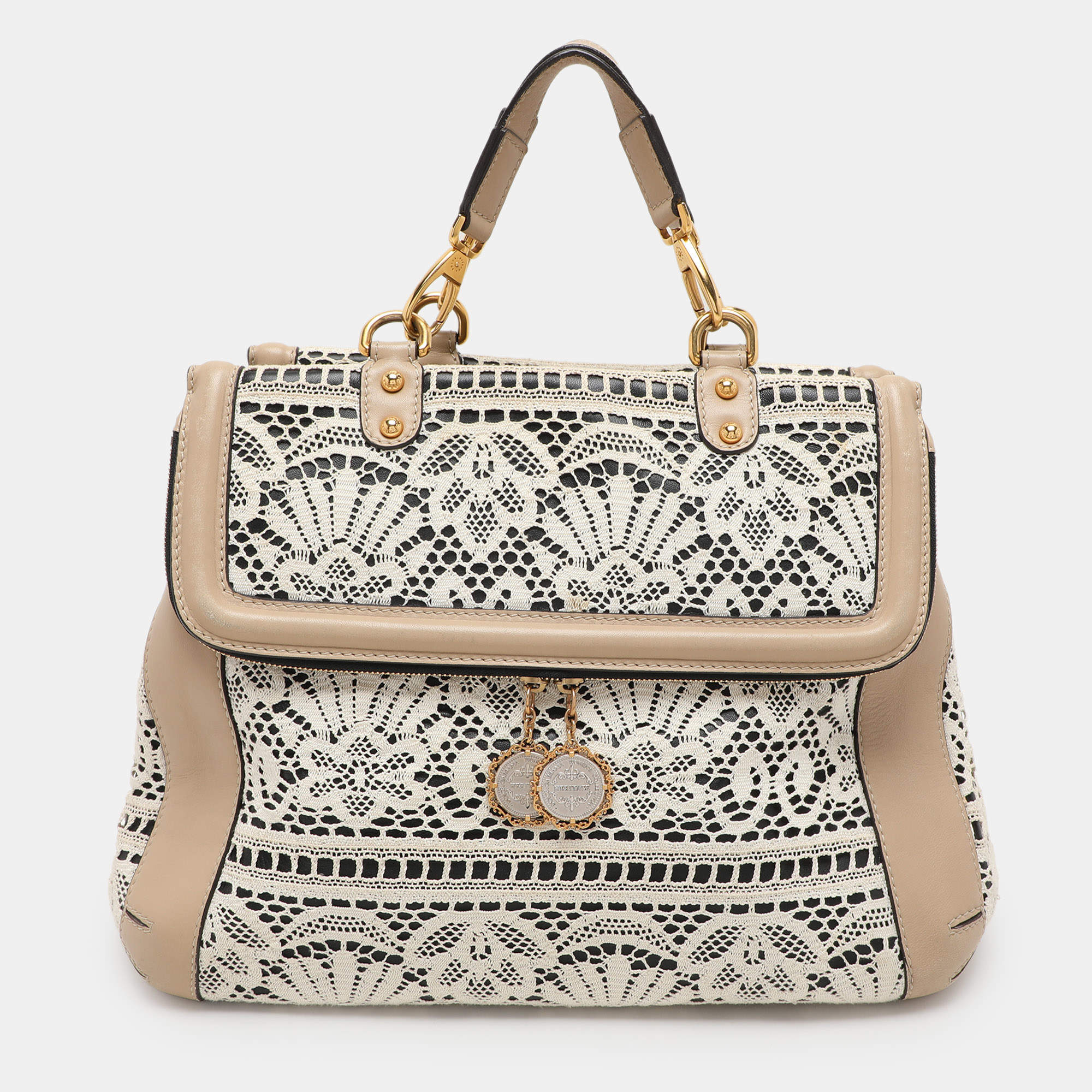 Pre Owned Dolce & Gabbana White/Beige Lace and Leather Large Miss Sicily Heritage Satchel