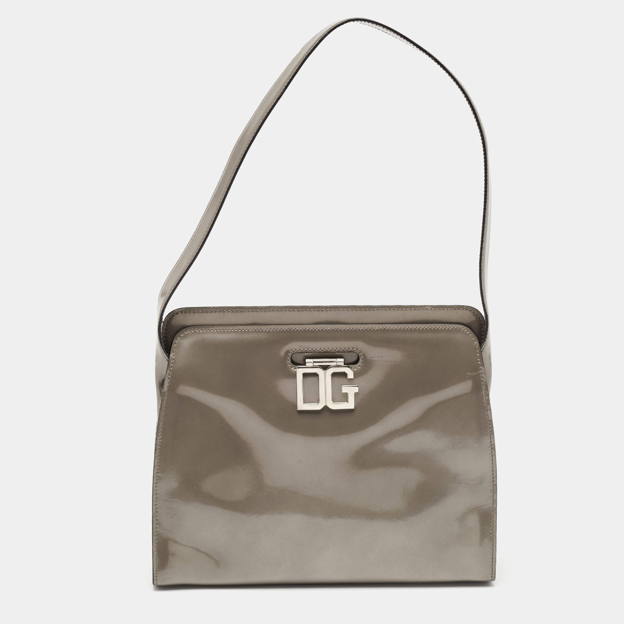 Pre Owned Dolce & Gabbana Grey Patent Leather DG Shoulder Bag