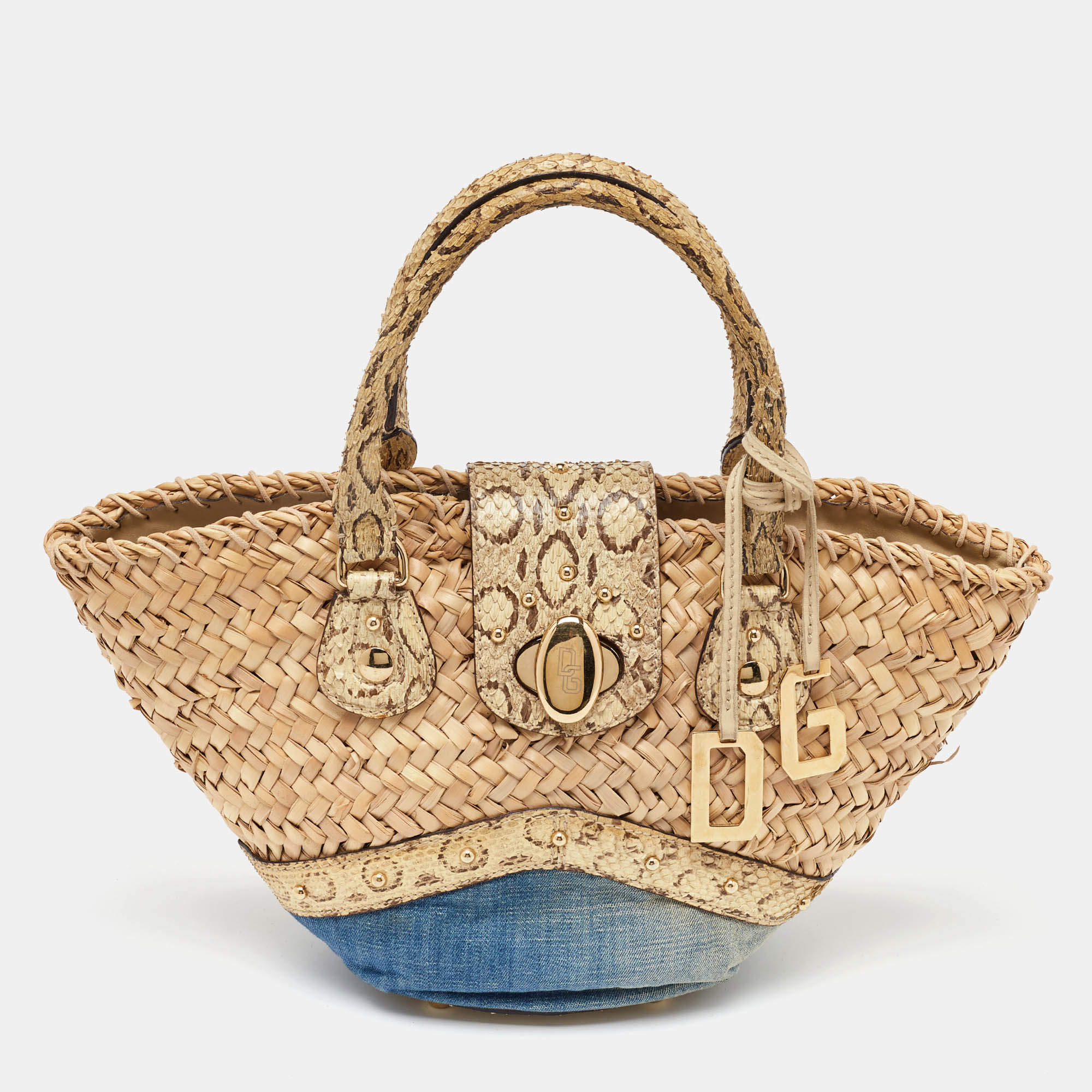 Pre Owned Dolce & Gabbana Multicolor Raffia, Denim and Python Miss Tookie Tote