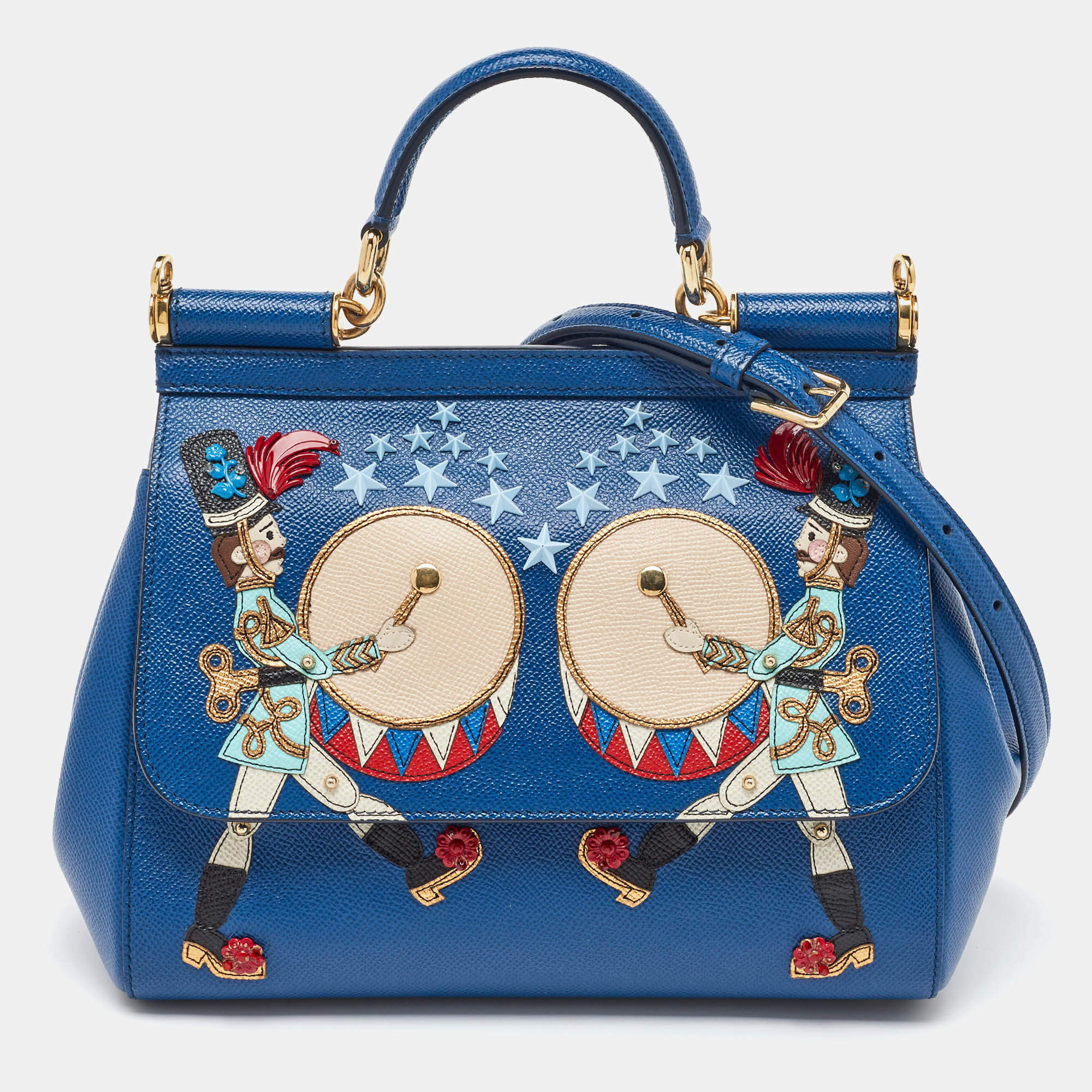 Pre Owned Dolce & Gabbana Blue Leather Drummer Large Miss Sicily Top Handle Bag