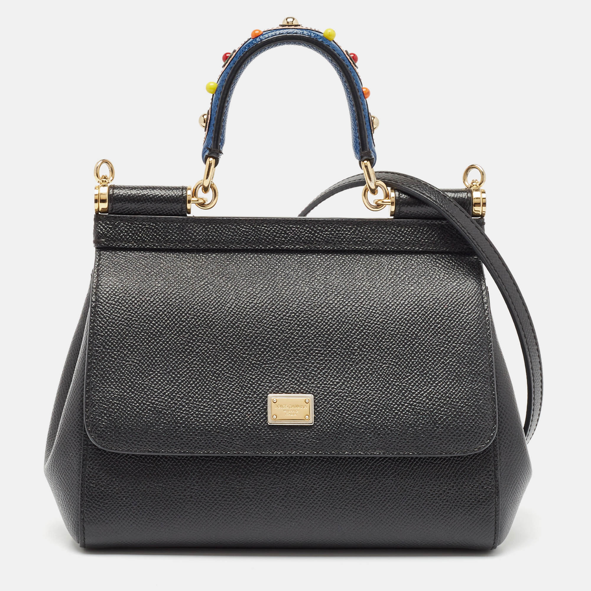 Pre Owned Dolce & Gabbana Black Leather Small Studded Miss Sicily Top Handle Bag