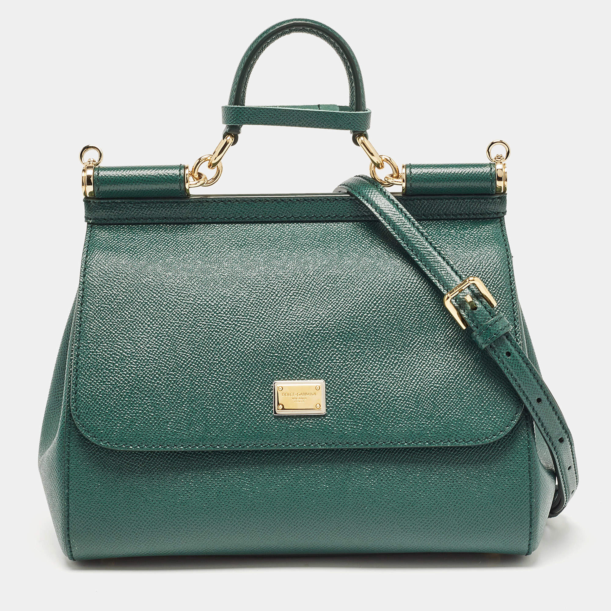 Pre Owned Dolce & Gabbana Green Leather Medium Miss Sicily Top Handle Bag