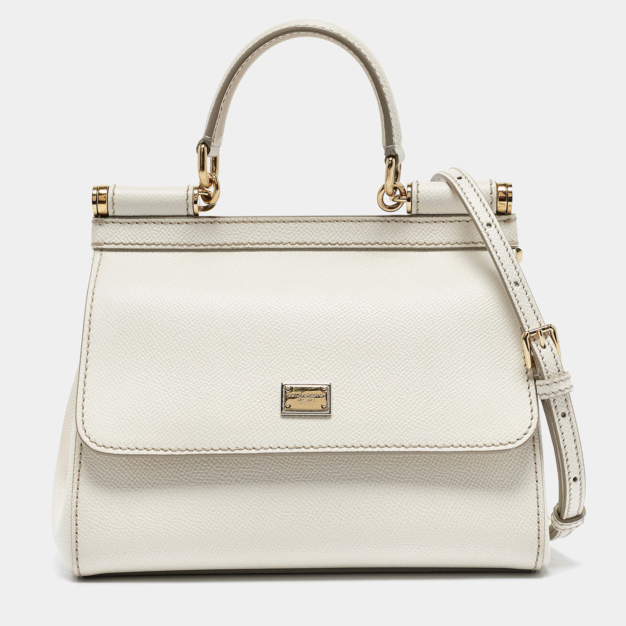 Pre Owned Dolce & Gabbana White Leather Small Miss Sicily Top Handle Bag