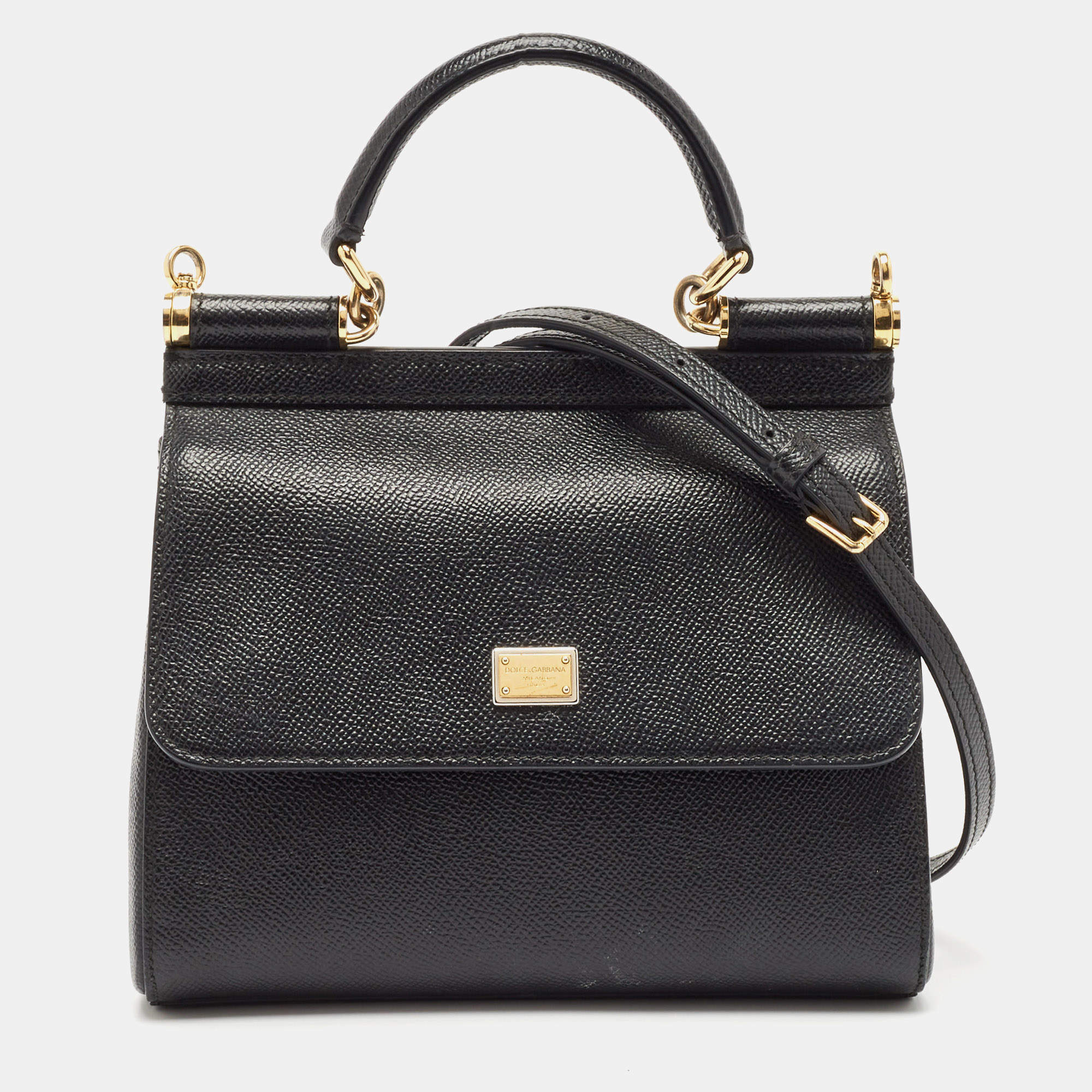 Pre Owned Dolce & Gabbana Black Leather Medium Miss Sicily Top Handle Bag