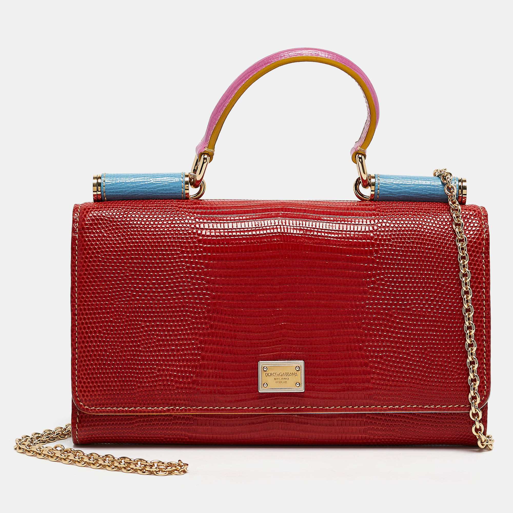 Pre Owned Dolce & Gabbana Multicolor Lizard Embossed Leather Miss Sicily Von Wallet on Chain