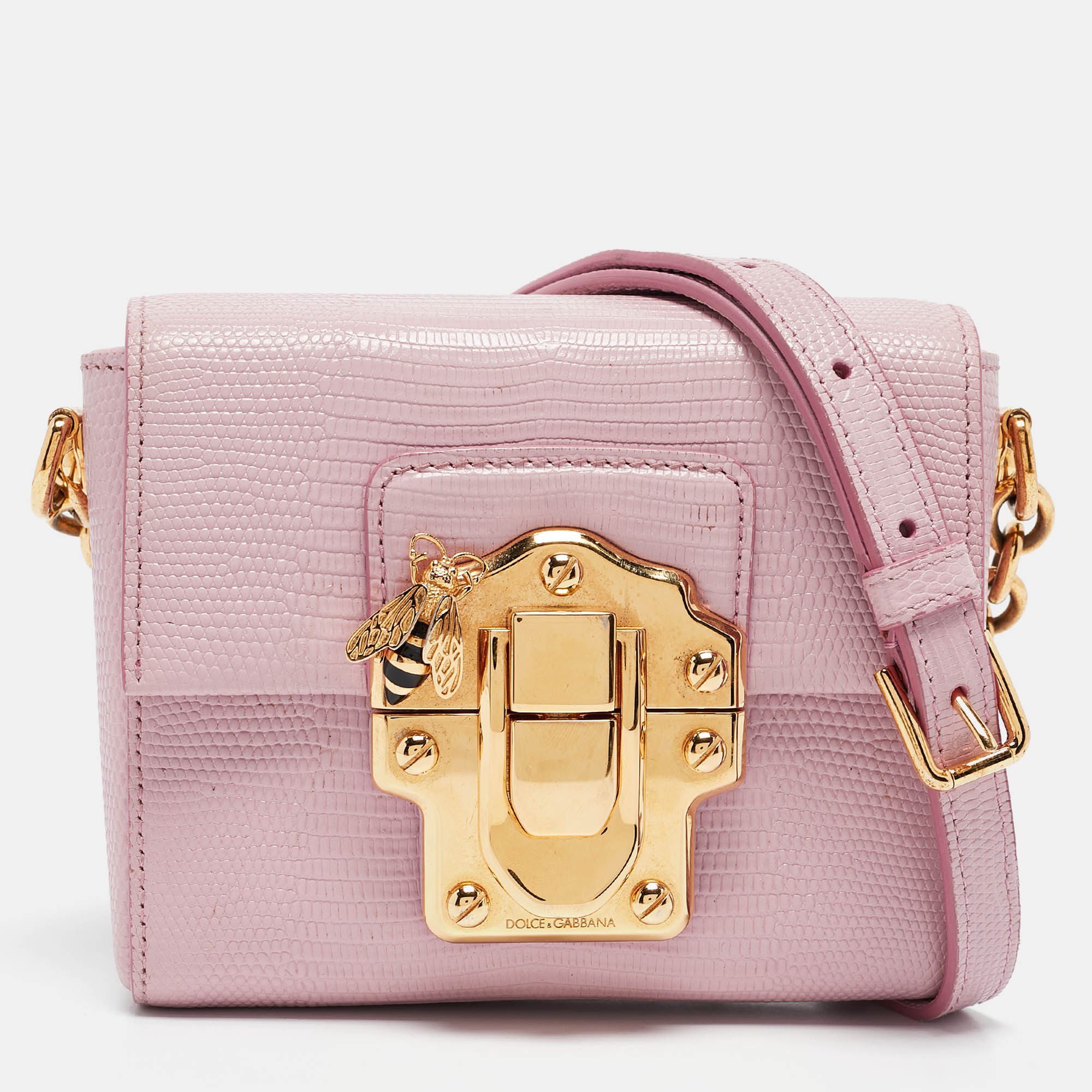 Dolce & Gabbana Pink Lizard Embossed Leather Mini Lucia Crossbody Bag