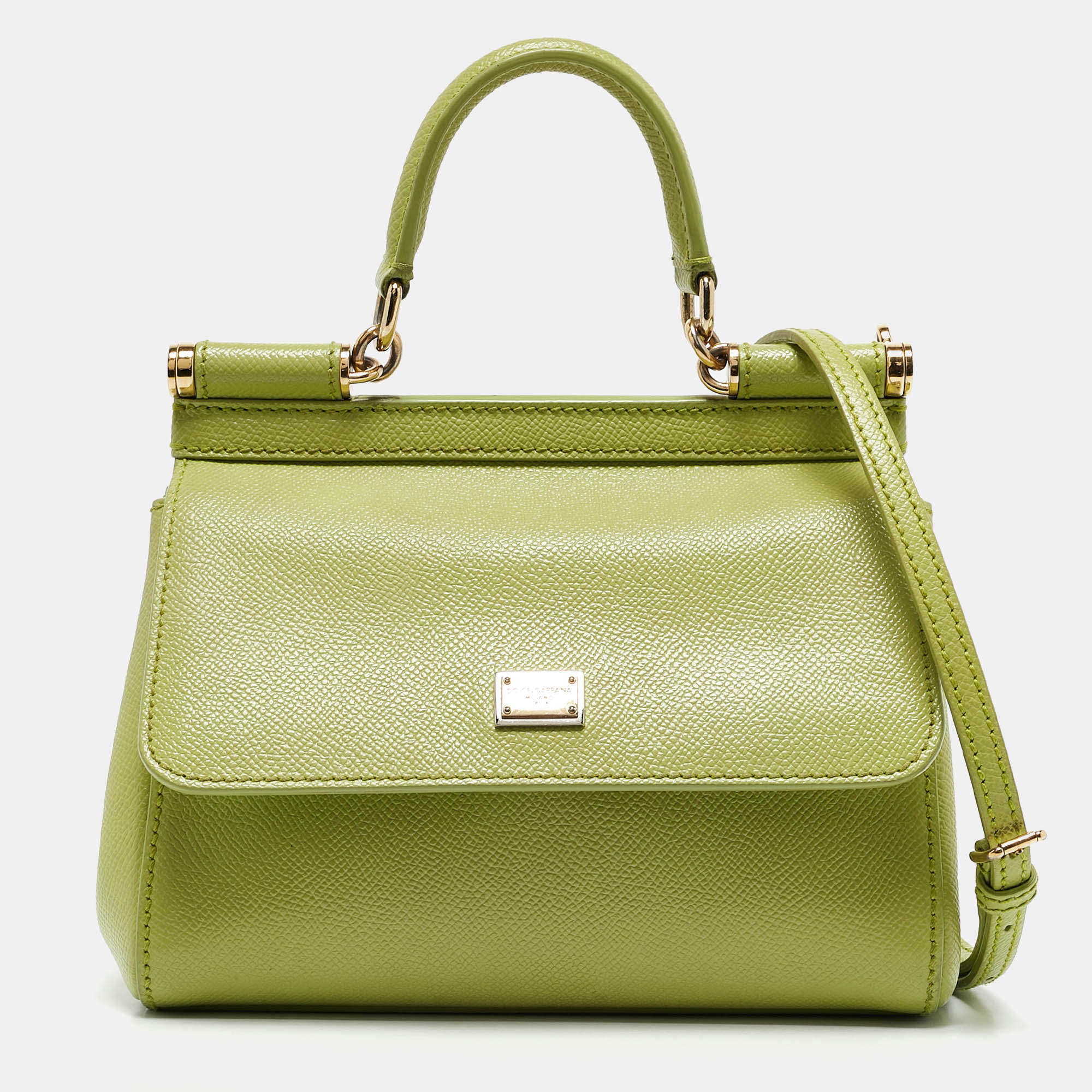 Pre Owned Dolce & Gabbana Lime Green Leather Medium Miss Sicily Top Handle Bag