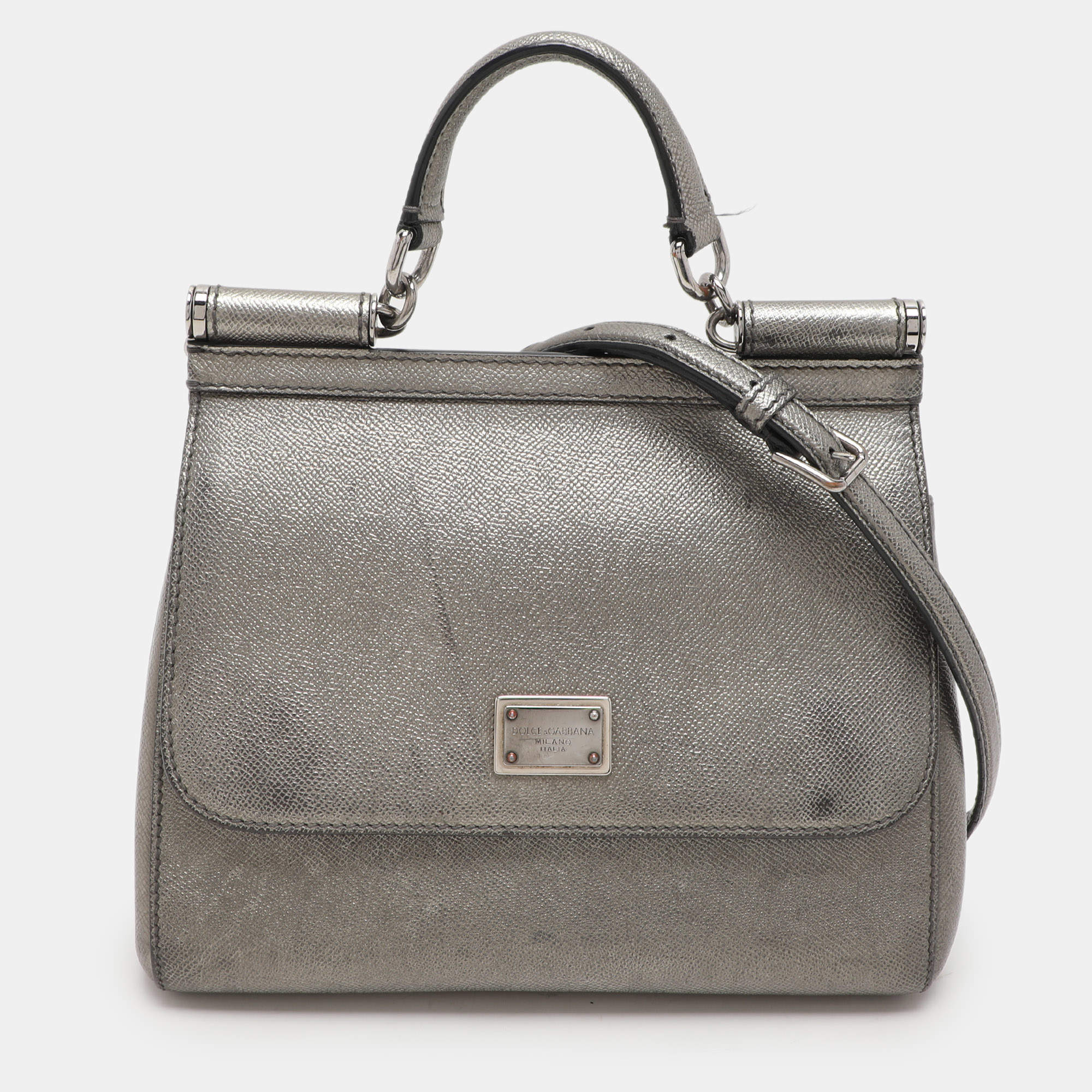 Dolce & Gabbana Silver Leather Medium Miss Sicily Top Handle Bag