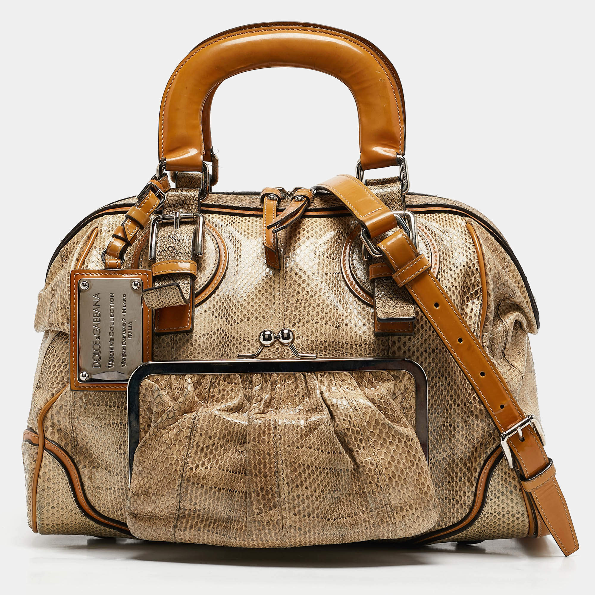 Pre Owned Dolce & Gabbana Yellow/Beige Snakeskin Miss Romantique Pocket Satchel