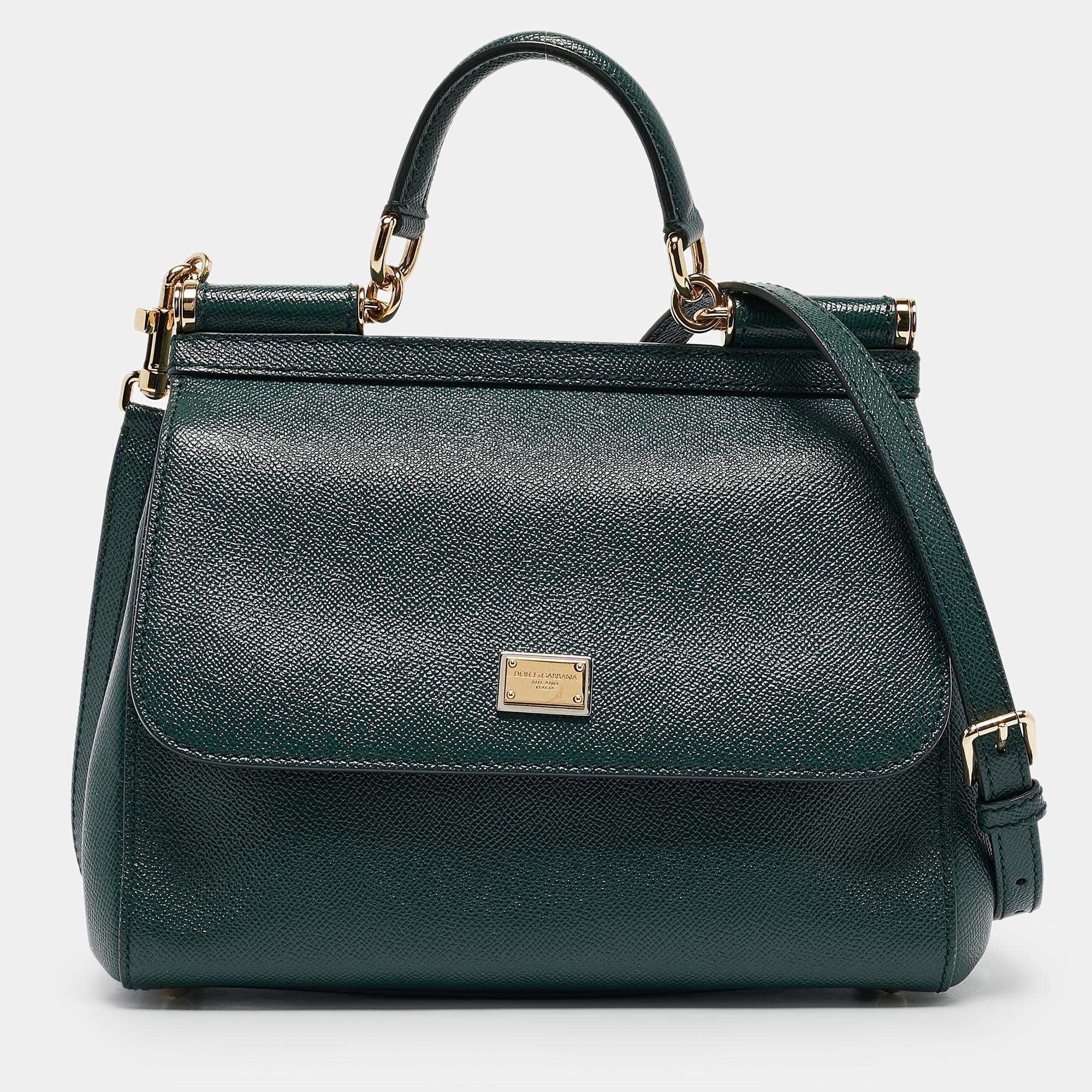 Pre Owned Dolce & Gabbana Green Leather Medium Miss Sicily Top Handle Bag