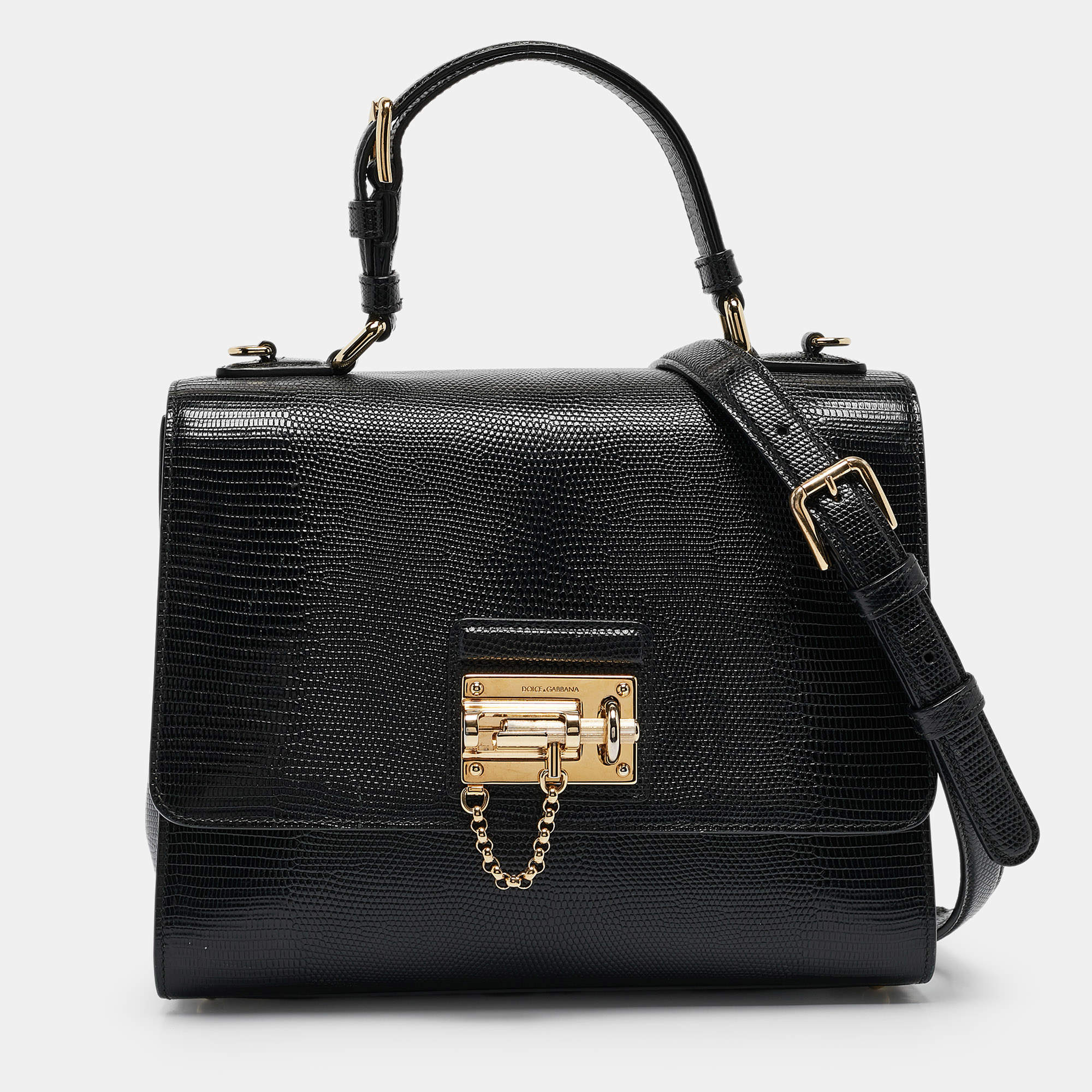 Pre Owned Dolce & Gabbana Black Lizard Embossed Leather Medium Miss Monica Top Handle Bag