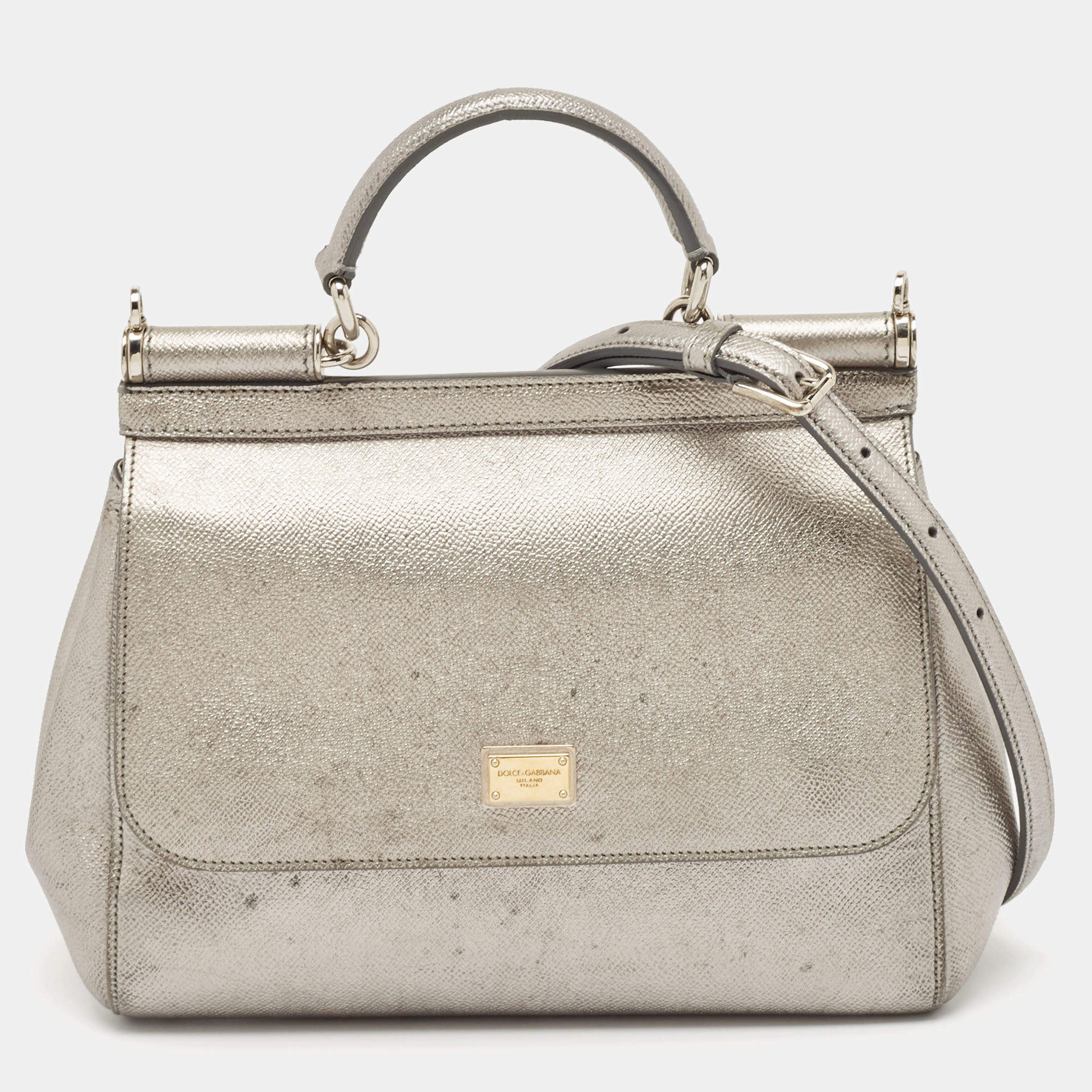 Pre Owned Dolce & Gabbana Silver Leather Medium Miss Sicily Top Handle Bag