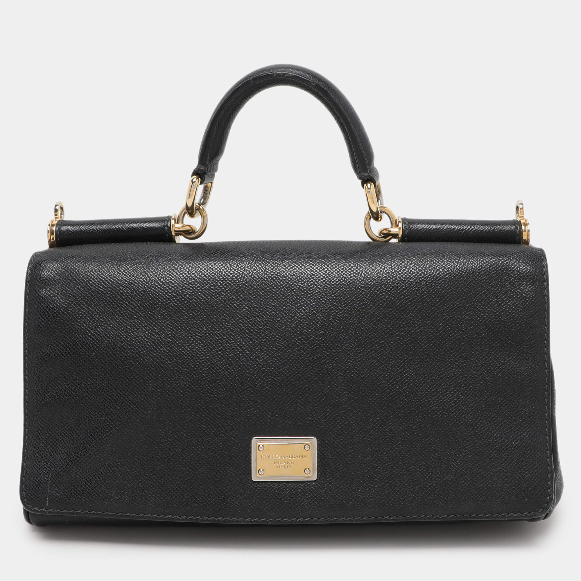 Dolce & Gabbana Black Leather Miss Sicily Chain Top Handle Bag