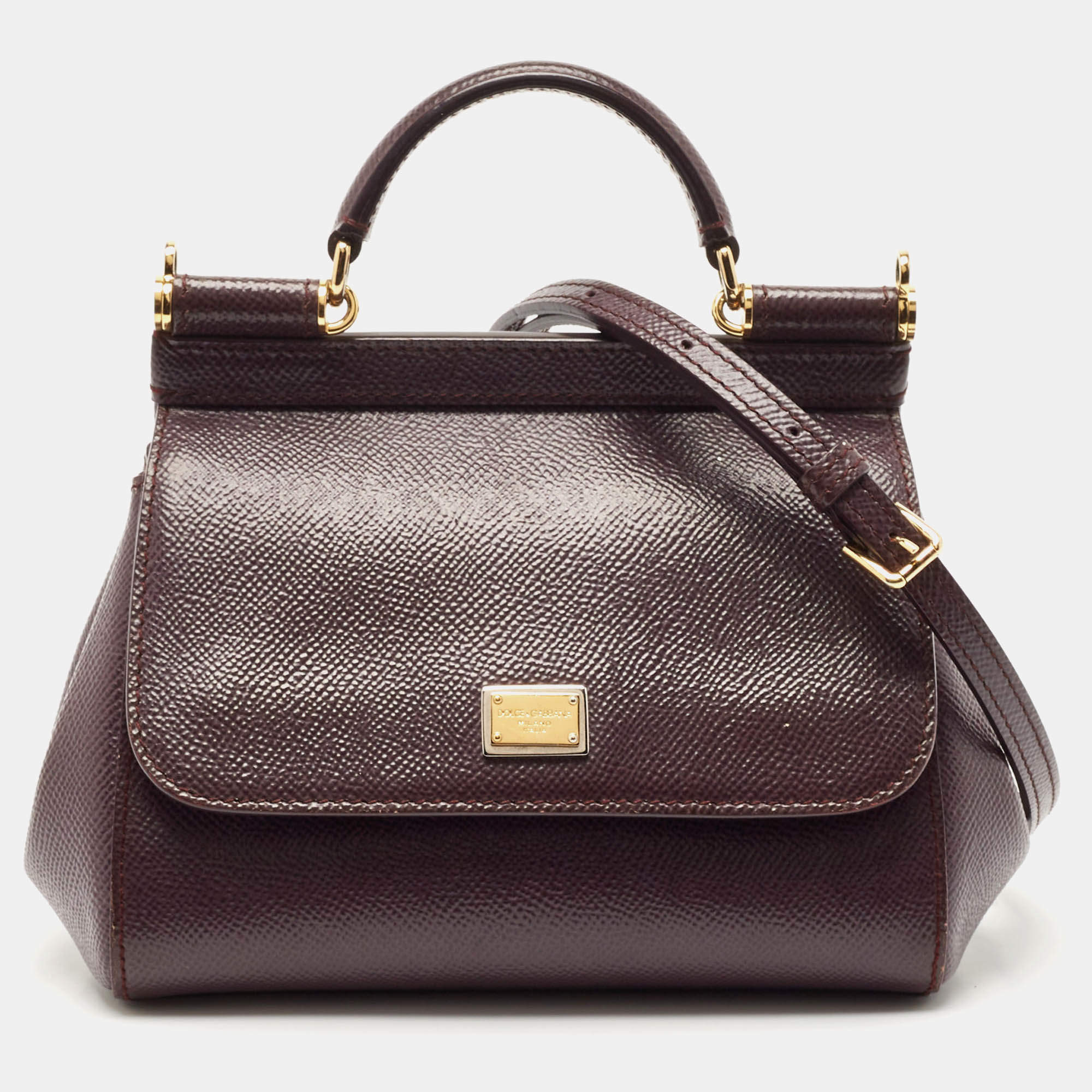 Pre Owned Dolce & Gabbana Dark Purple Leather Mini Miss Sicily Top Handle Bag