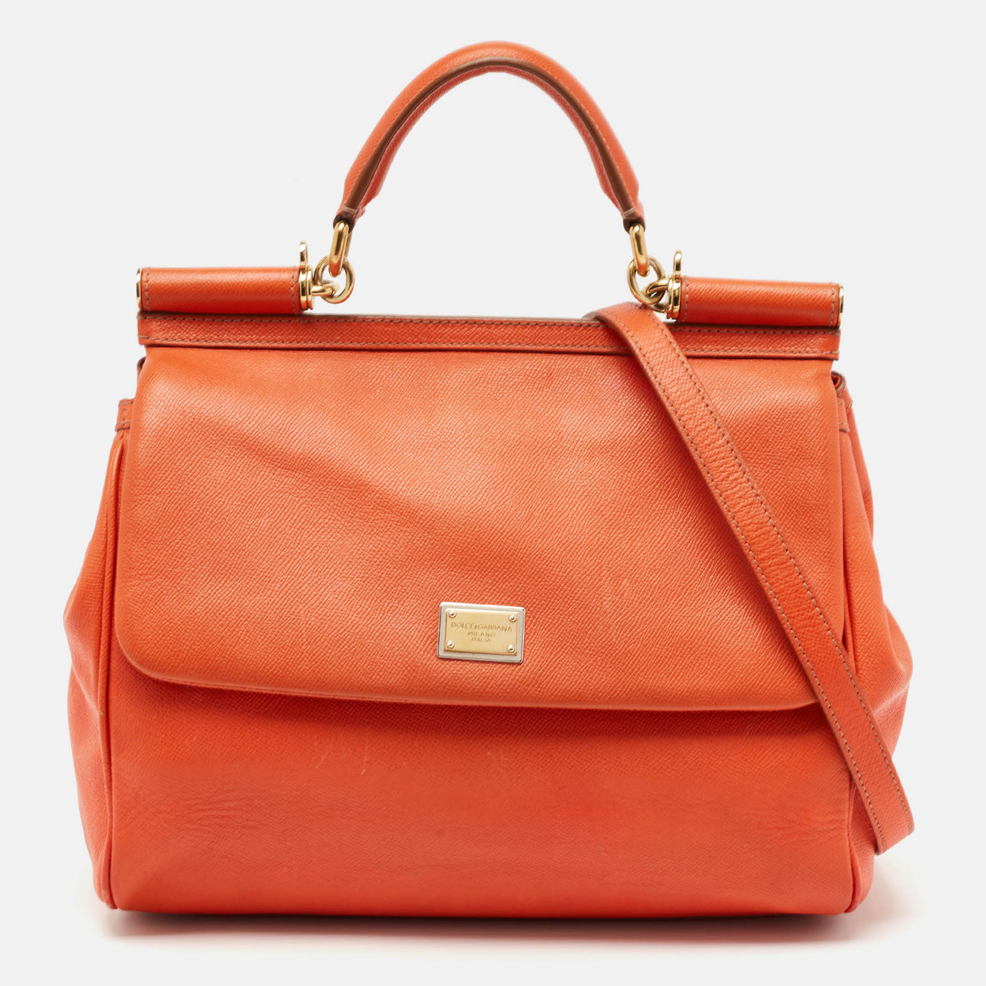 Dolce & Gabbana Orange Leather Large Miss Sicily Top Handle Bag