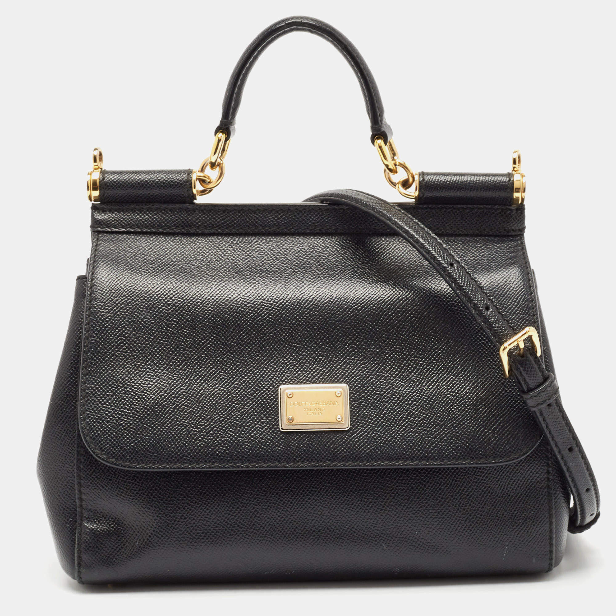 Pre Owned Dolce & Gabbana Black Leather Medium Miss Sicily Top Handle Bag