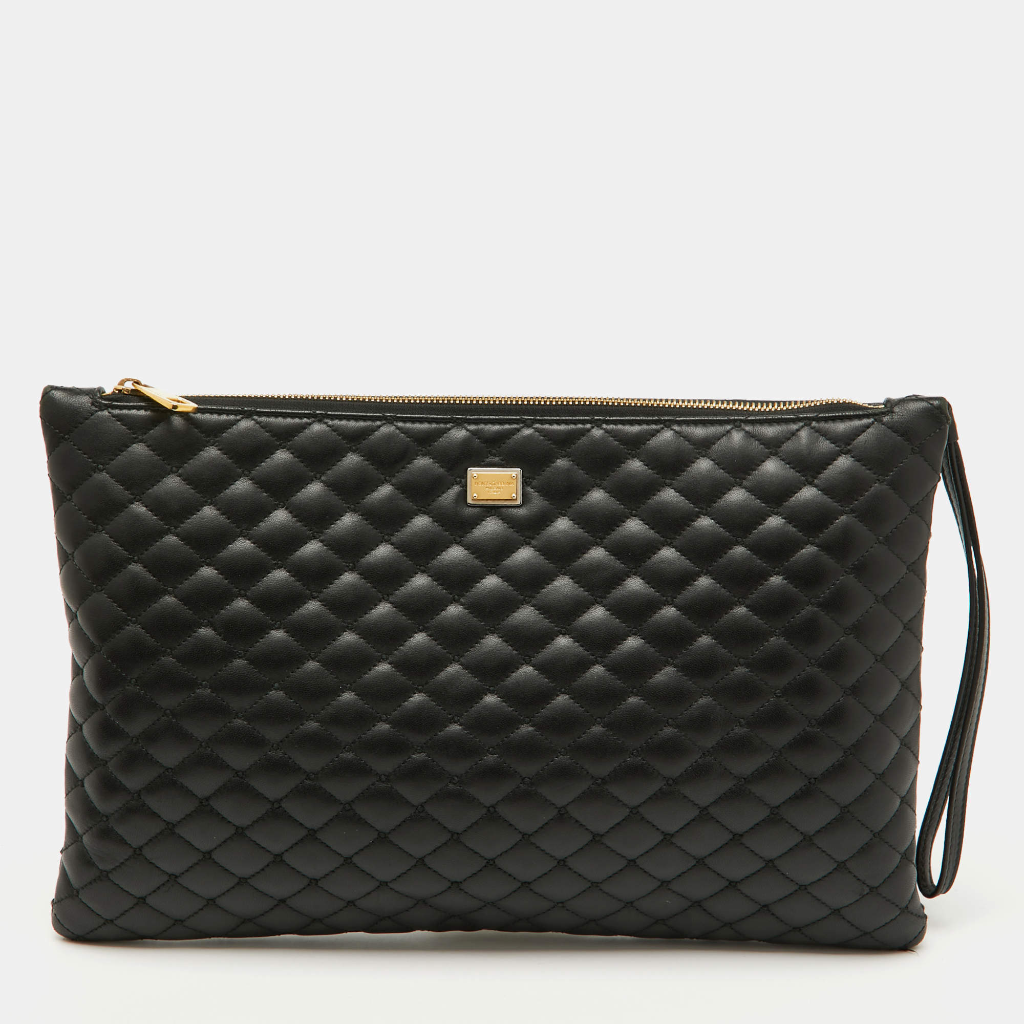 Pre Owned Dolce & Gabbana Black Quilted Leather Top Zip Pouch