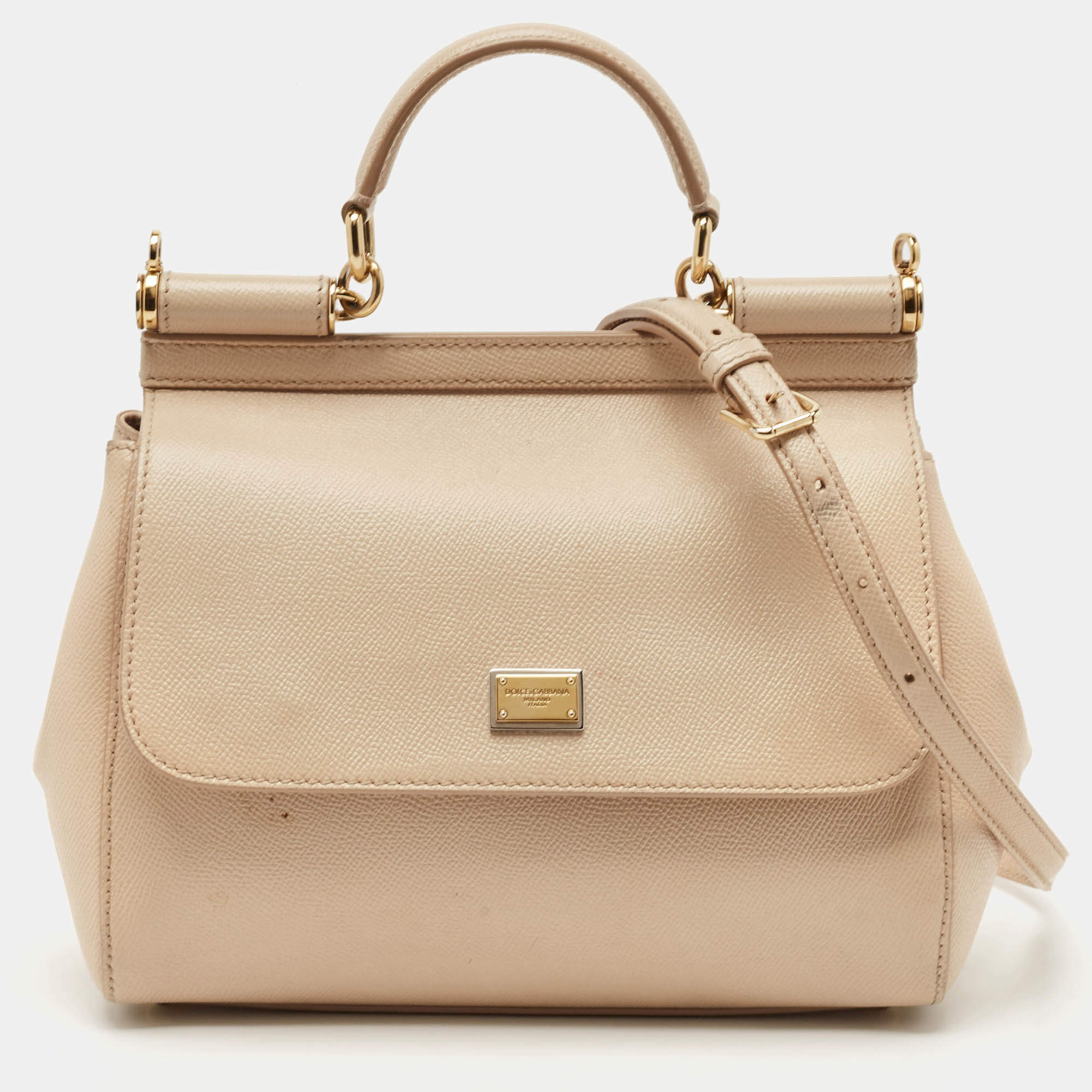 Pre Owned Dolce & Gabbana Light Beige Leather Medium Miss Sicily Top Handle Bag