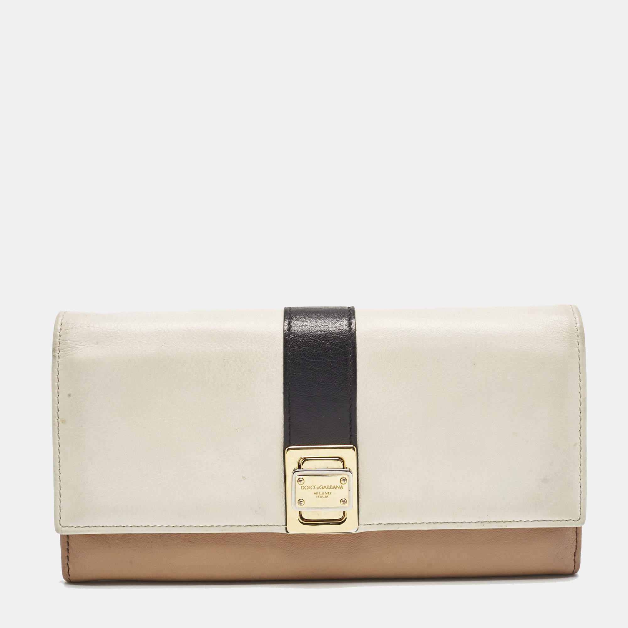 Dolce & Gabbana Brown/Beige Leather and Leather Turnlok Flap Continental Wallet
