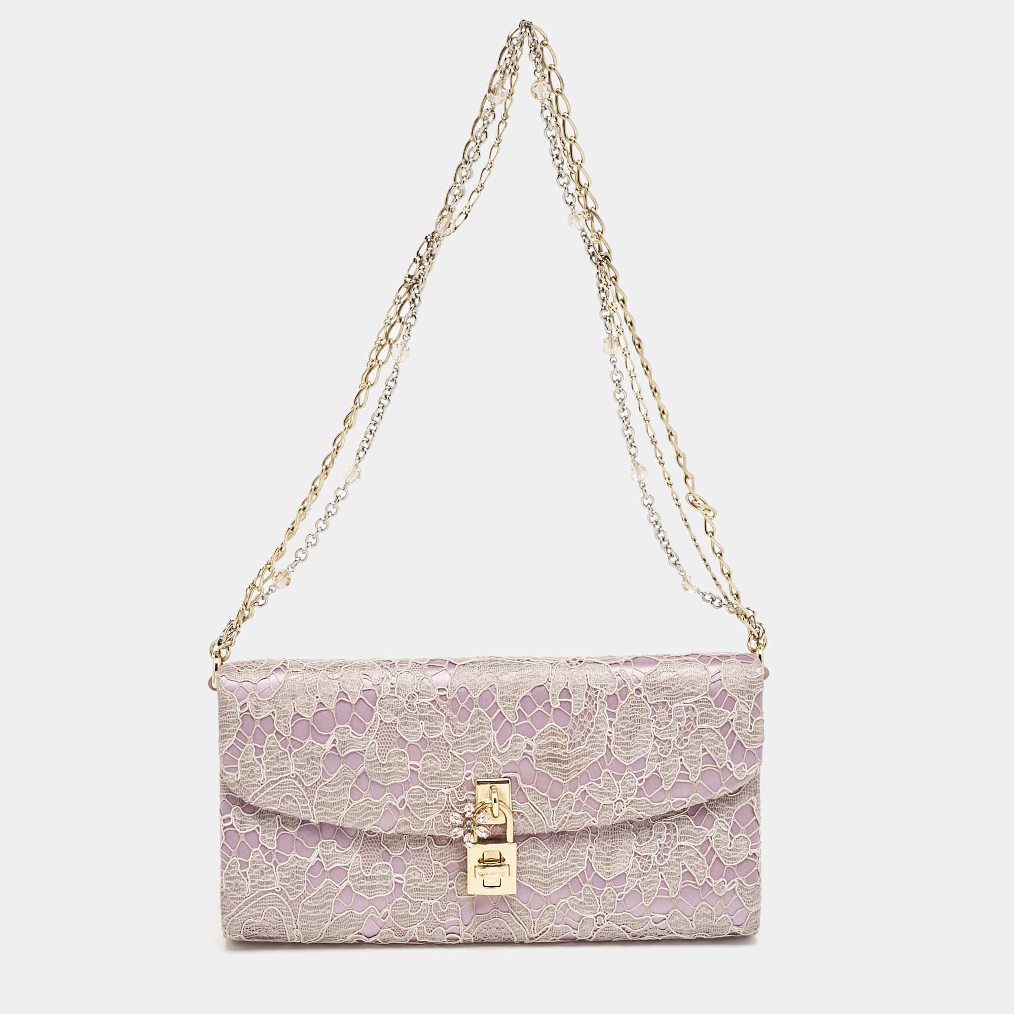 Dolce & Gabbana Pink Lace and Satin Padlock Chain Clutch