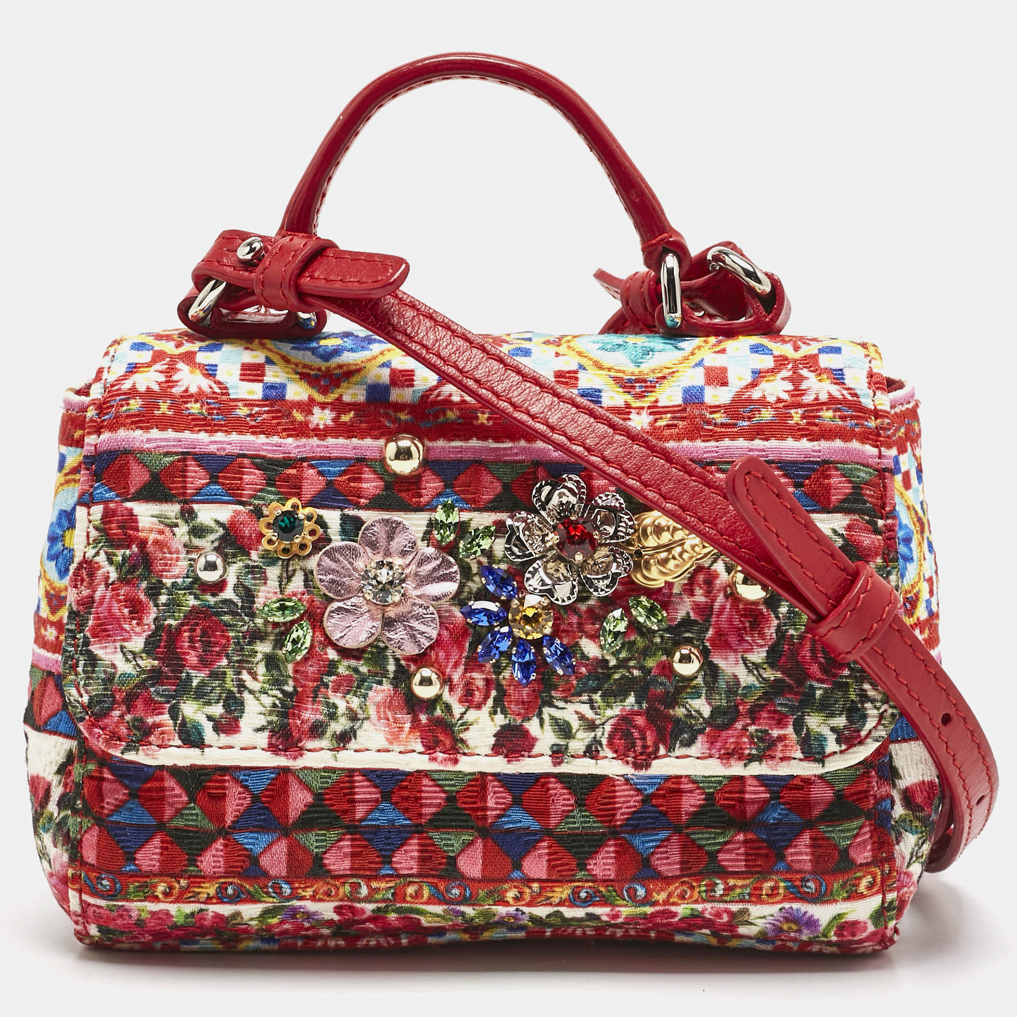 مملوكة مسبقًا Dolce & Gabbana Bambino Red/Multicolor Fabric Mini Miss Sicily Top Handle Bag