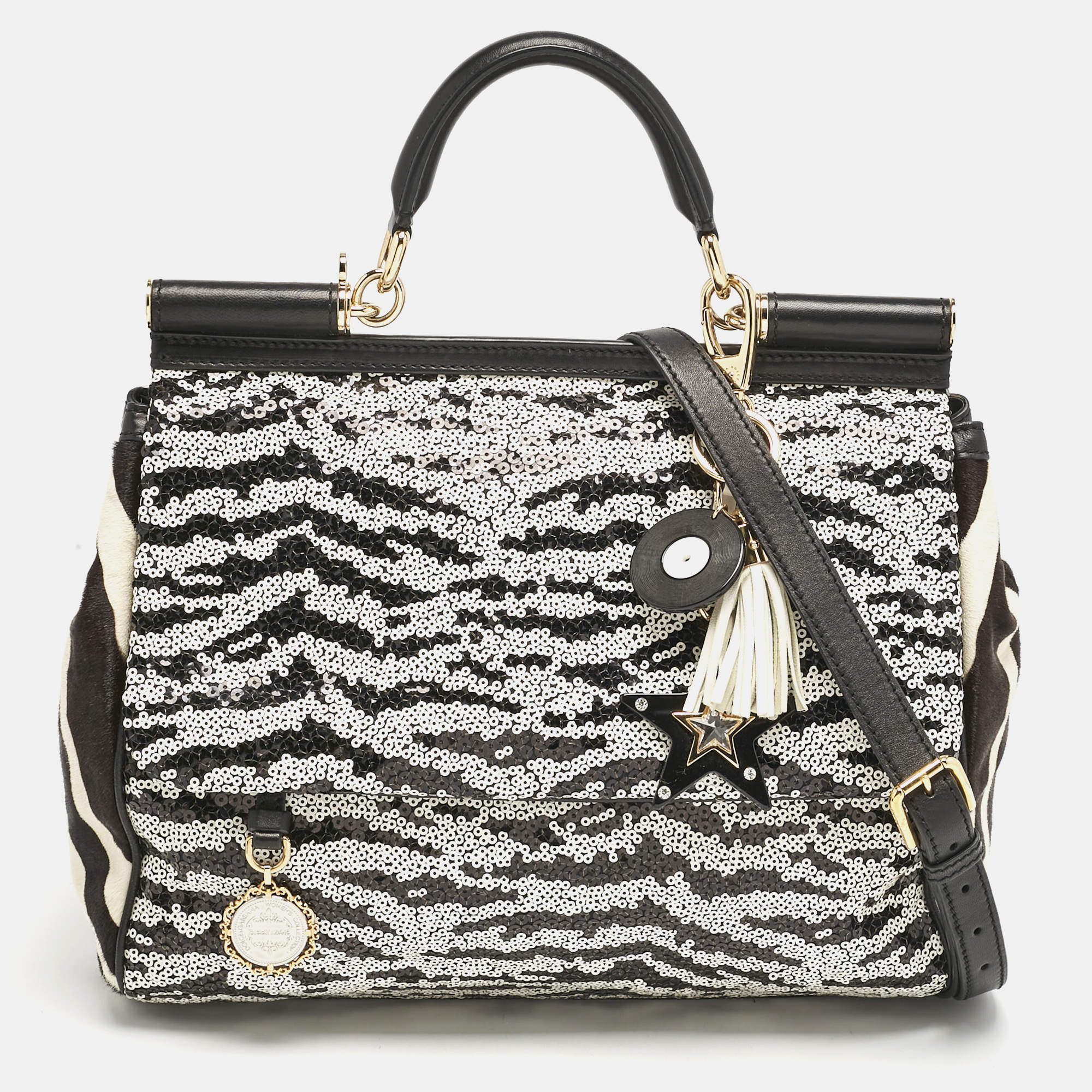 Dolce & Gabbana Black/White Sequins and Calf Hair Large Miss Sicily Top Handle Bag