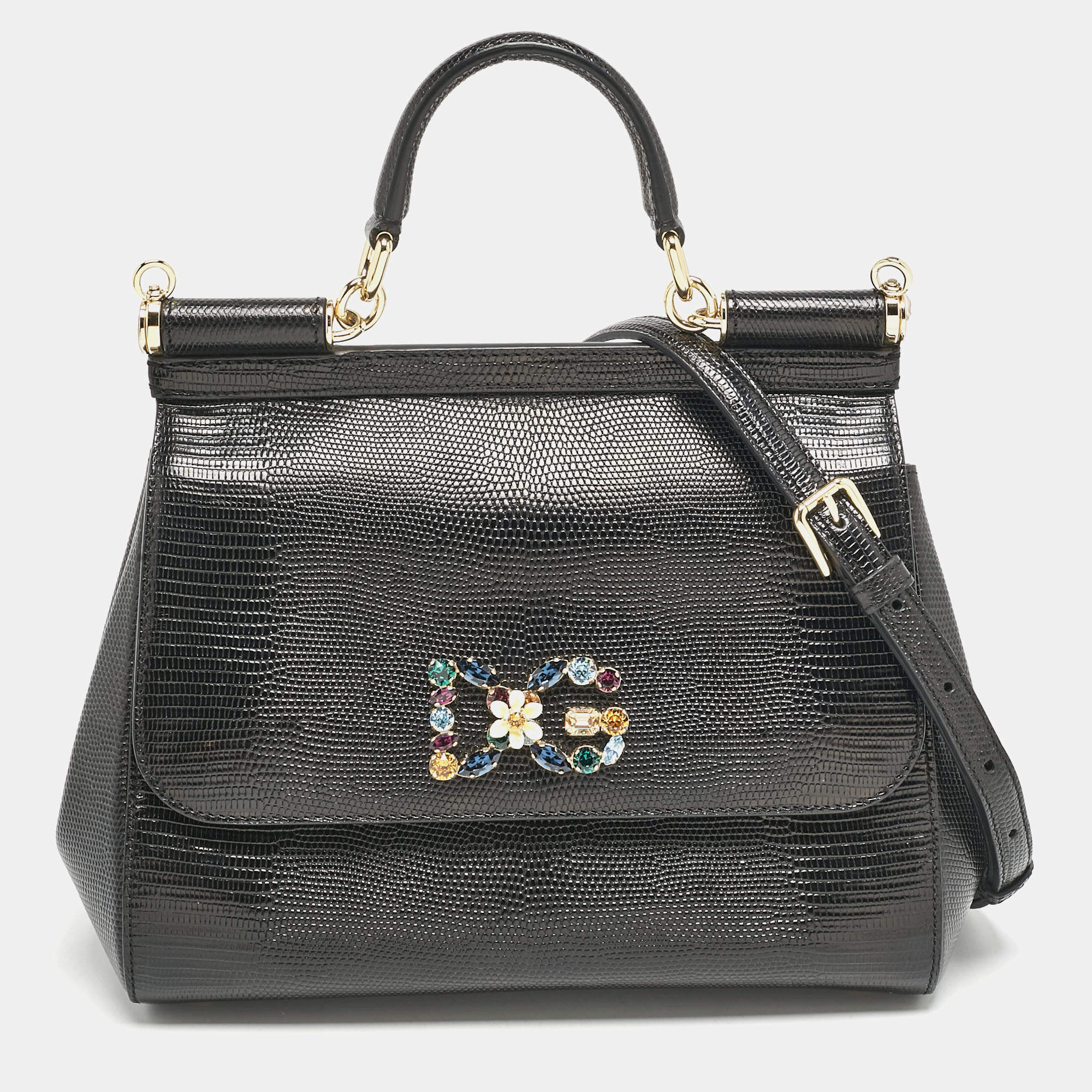 Pre Owned Dolce & Gabbana Black Lizard Embossed Leather Crystal DG Logo Large Miss Sicily Bag