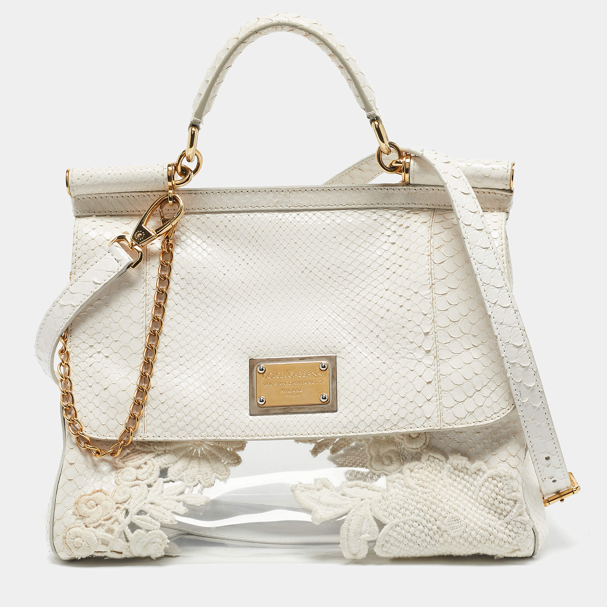Dolce & Gabbana White Python and PVC Large Miss Sicily Top Handle Bag