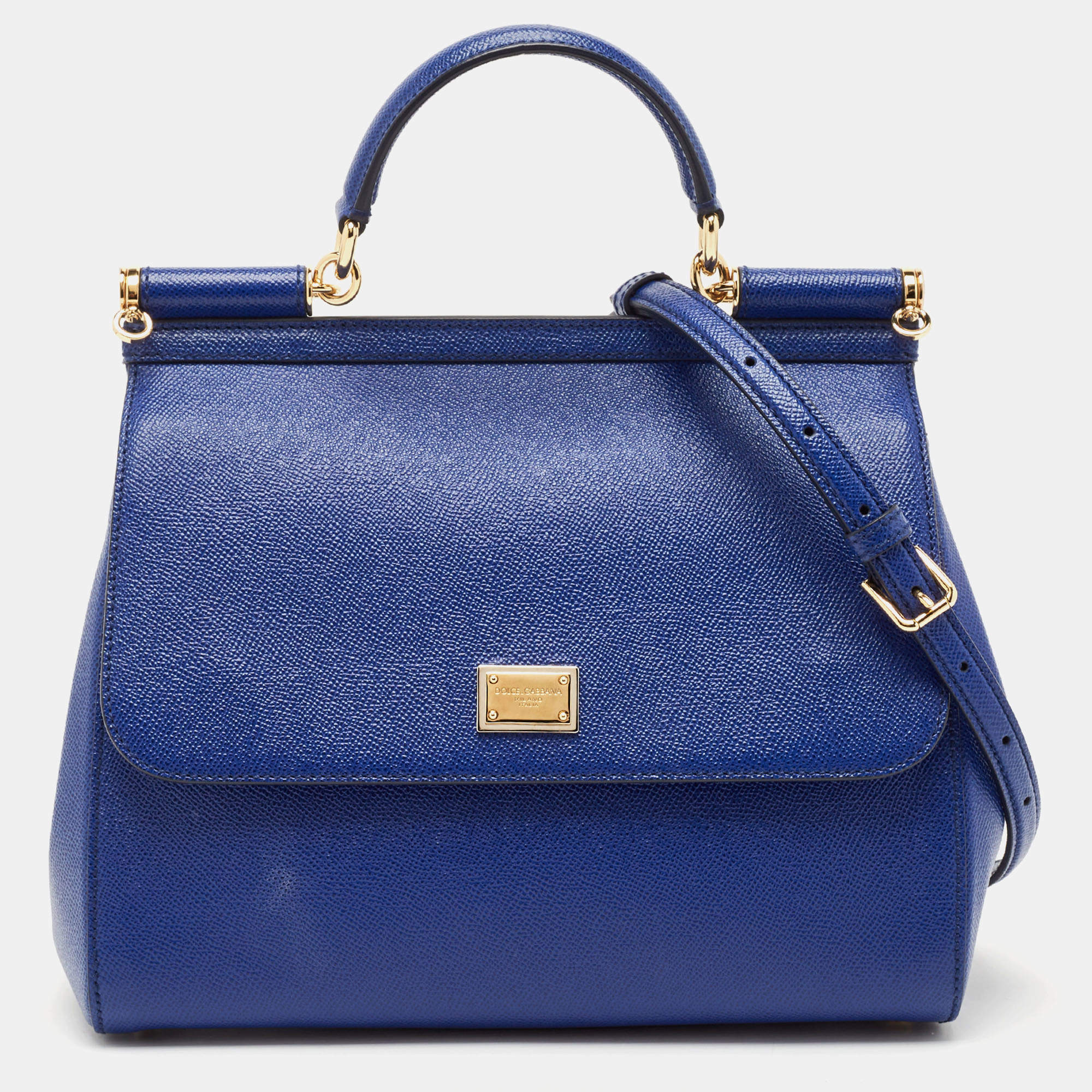 Pre Owned Dolce & Gabbana Blue Leather Regular Miss Sicily Top Handle Bag
