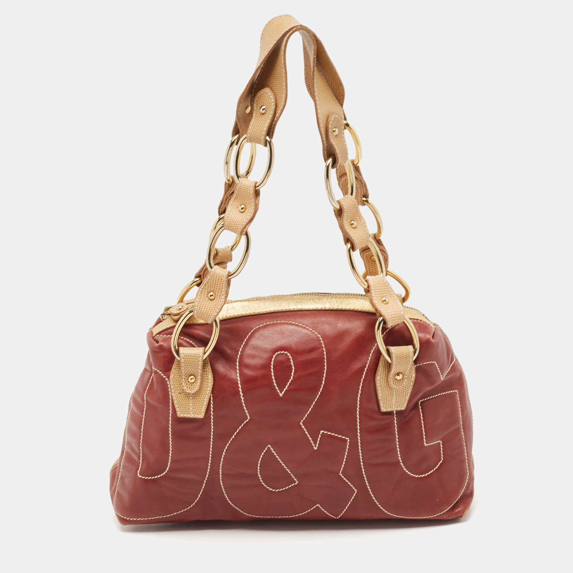 Pre Owned  D&G Burgundy/Beige Leather and Lizard Embossed Logo Shoulder Bag
