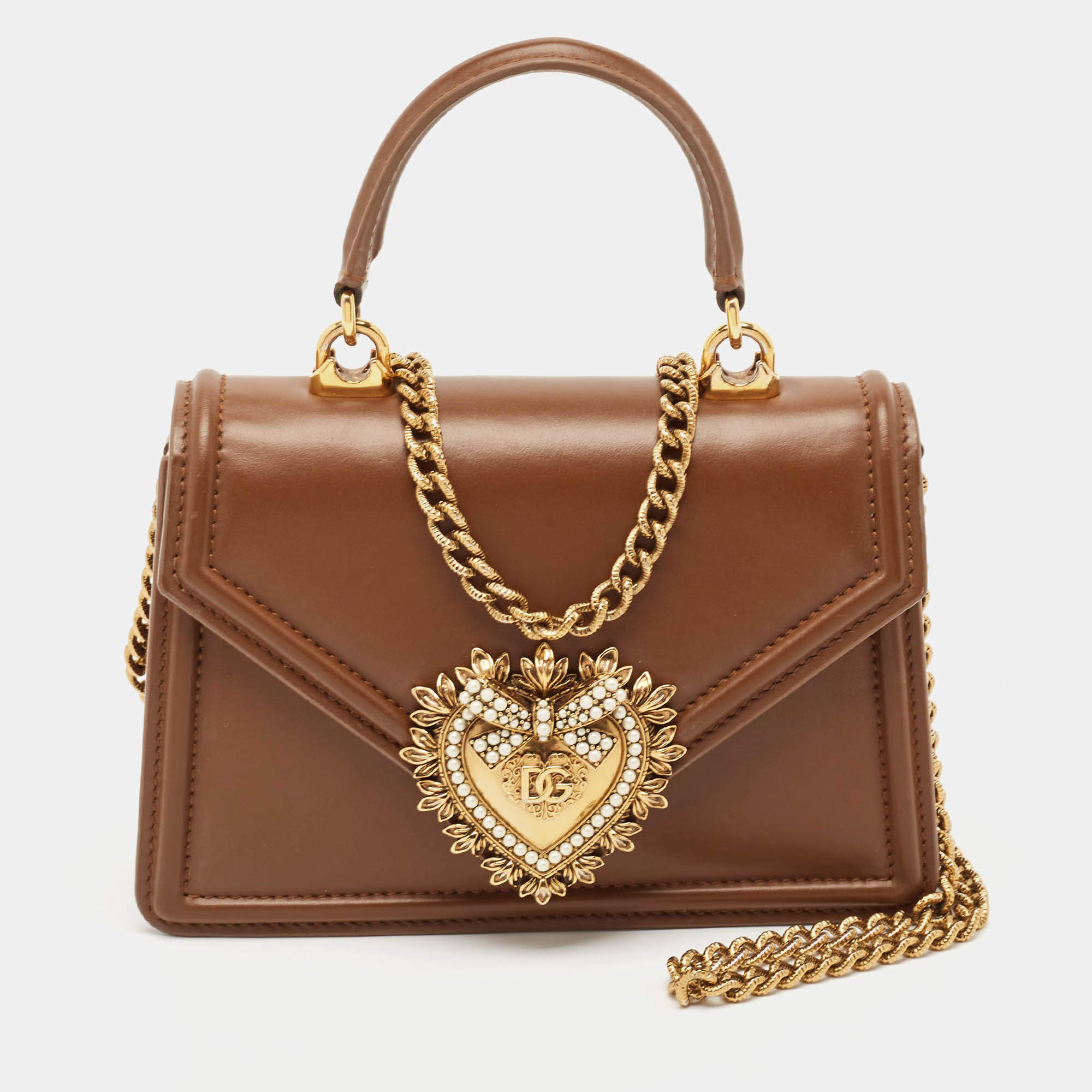 Pre Owned Dolce & Gabbana Brown Leather Small Devotion Top Handle Bag
