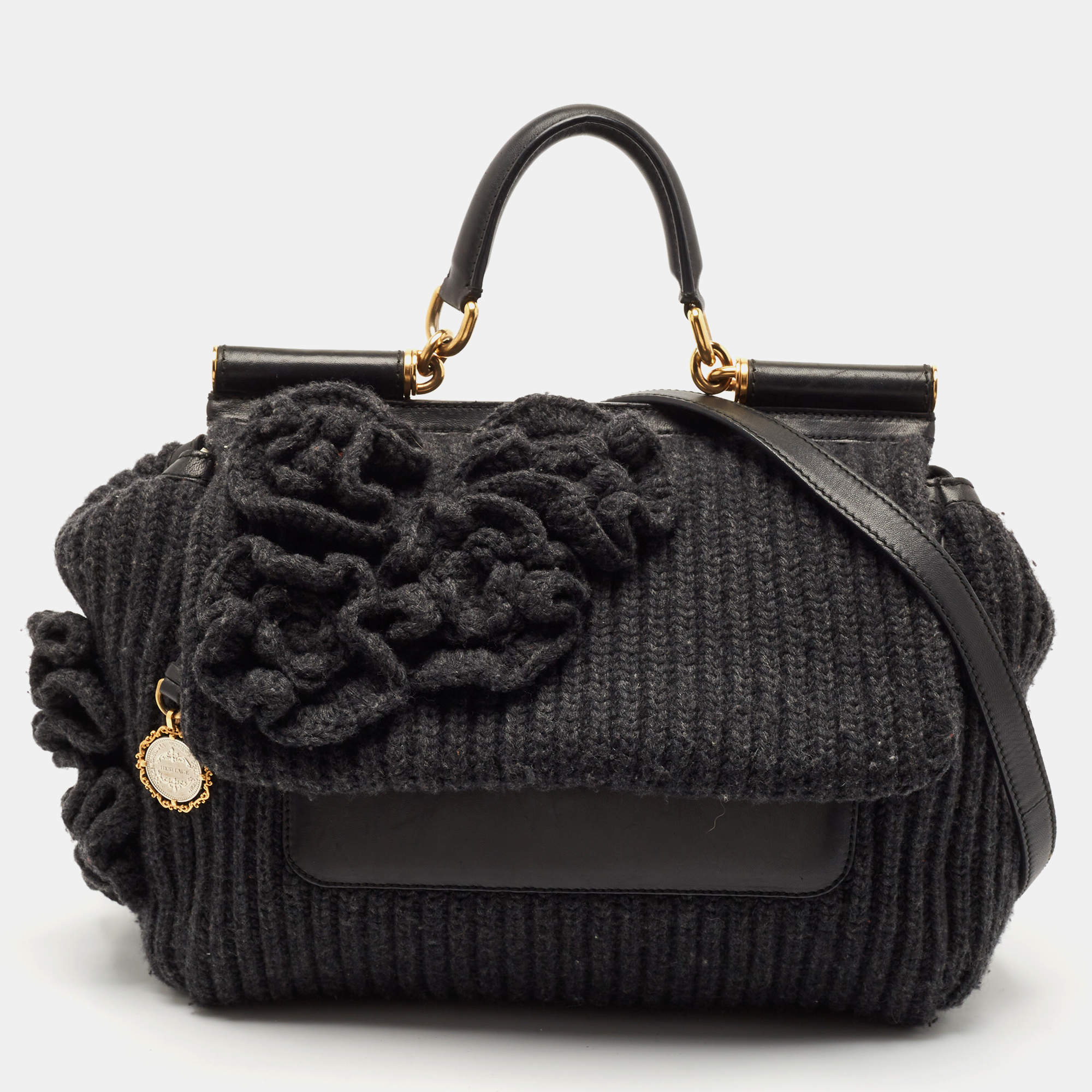 Dolce & Gabbana Black/Grey Wool and Leather Large Miss Sicily Top Handle Bag