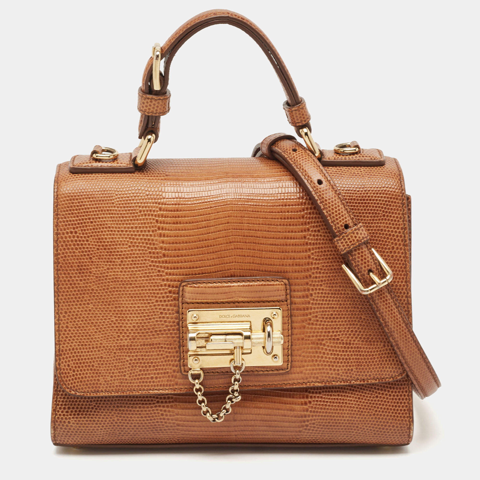 Dolce & Gabbana Brown Lizard Embossed Leather Small Miss Monica Top Handle Bag