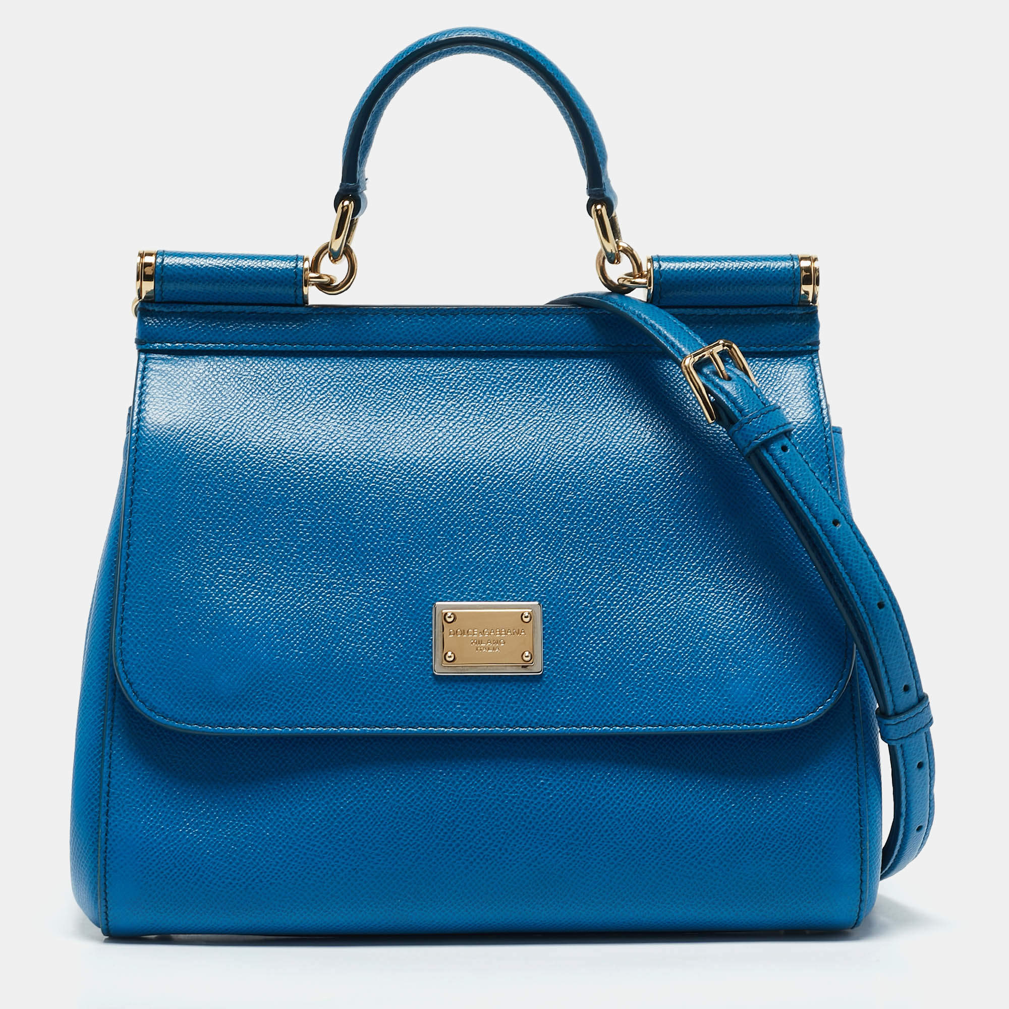 Pre Owned Dolce & Gabbana Blue Leather Medium Miss Sicily Top Handle Bag