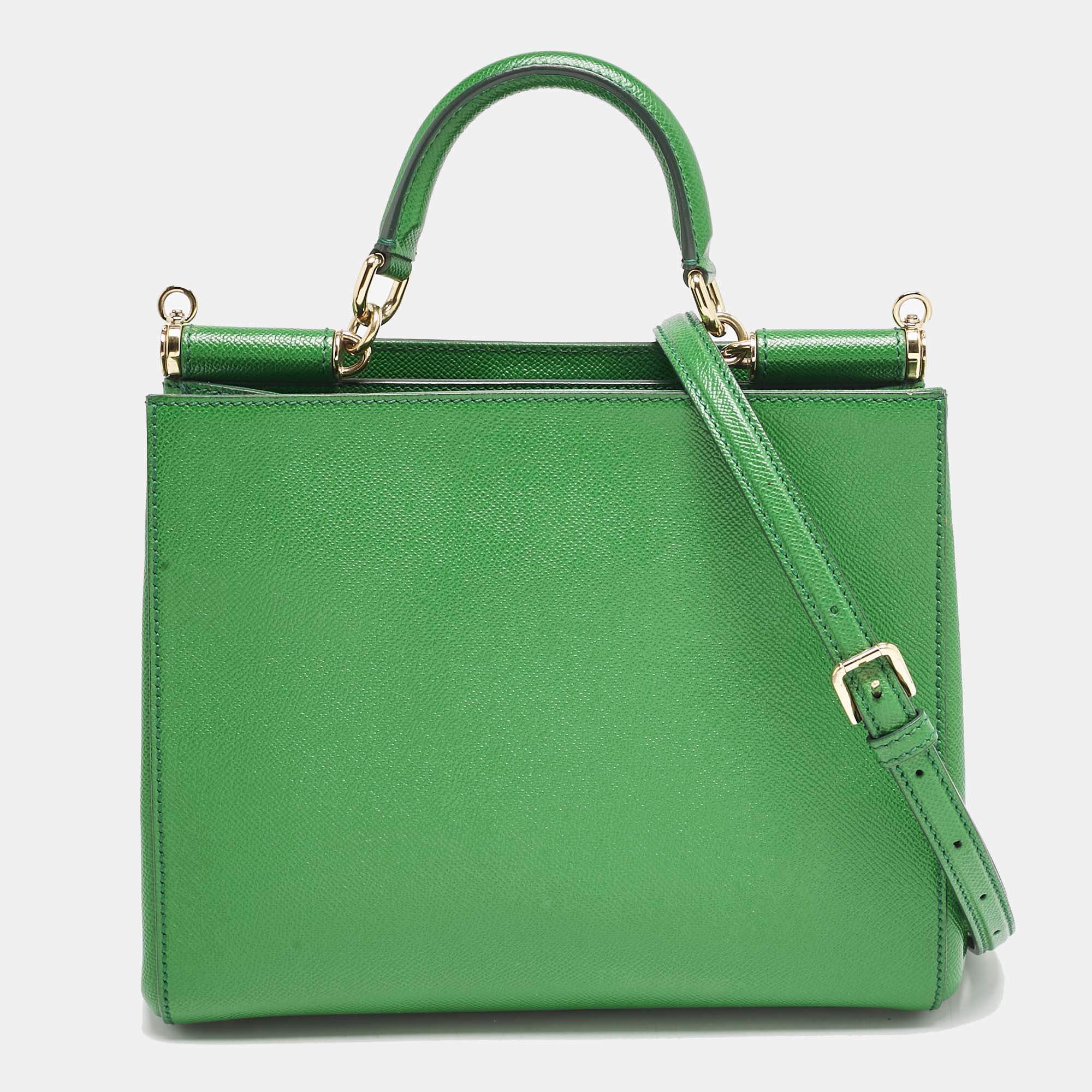 Pre Owned Dolce & Gabbana Green Leather Sicily Shopper Tote