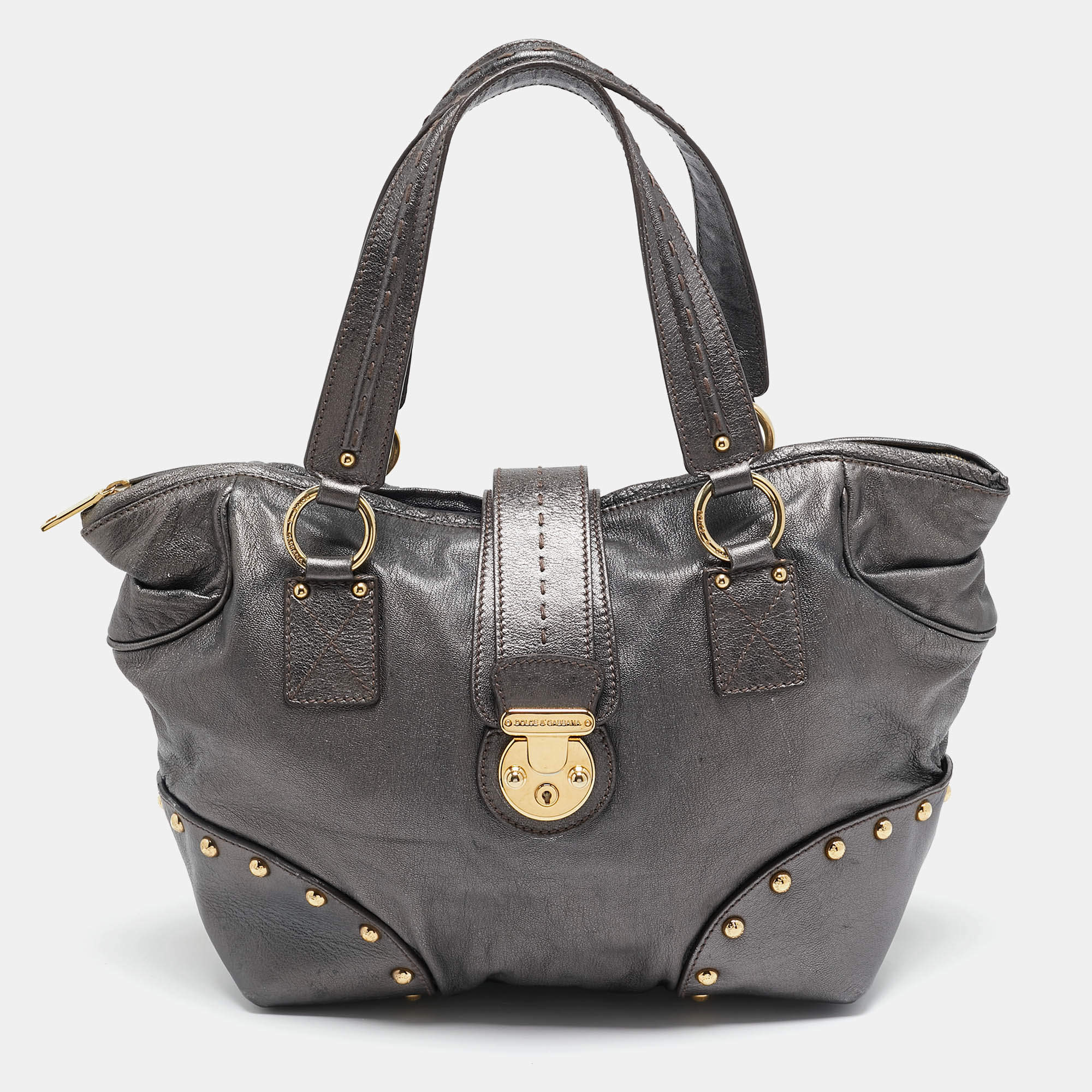 Dolce & Gabbana Metallic Grey Leather Studded Zip Tote
