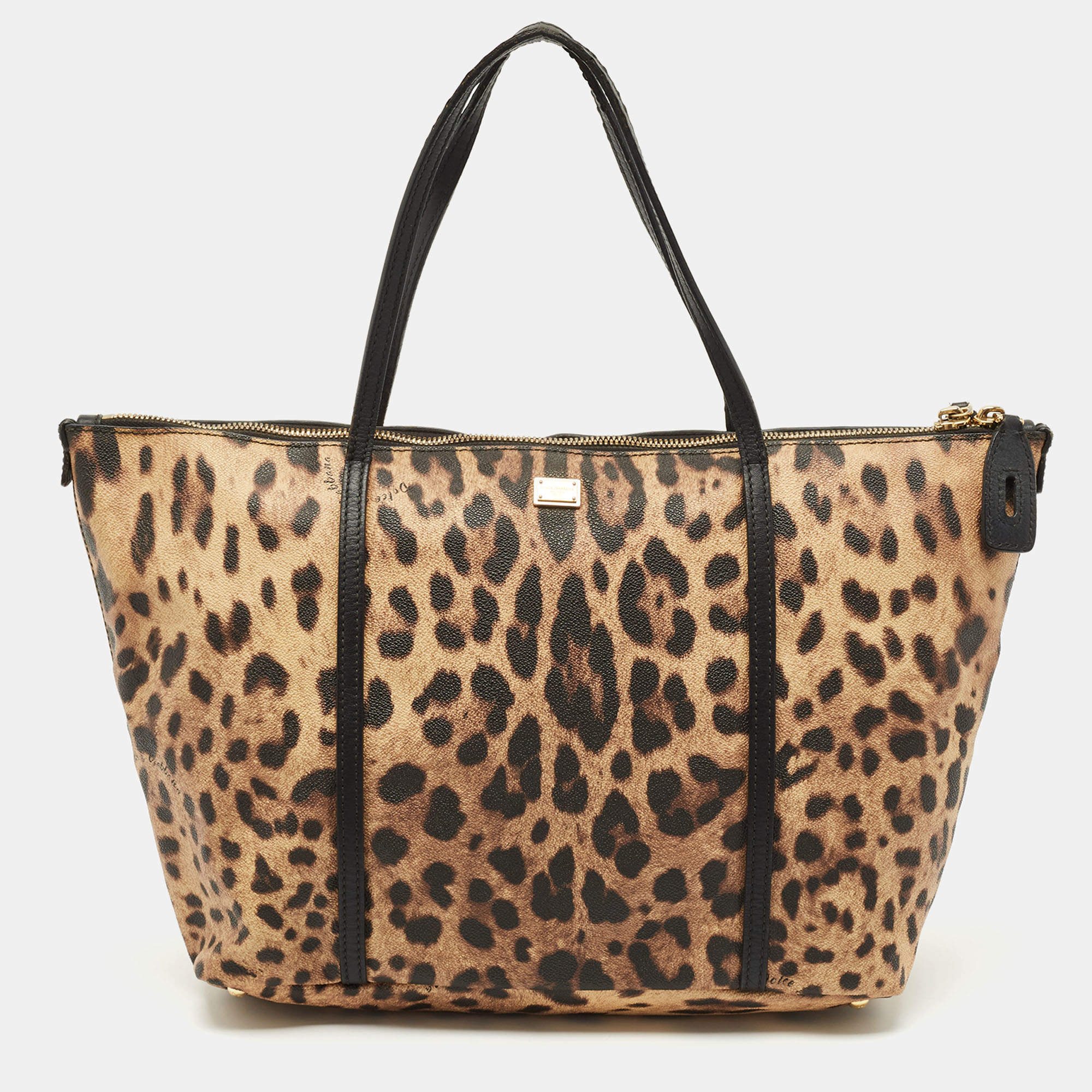 Dolce & Gabbana Black/Brown Leopard Print Coated Canvas Miss Escape Zip Tote