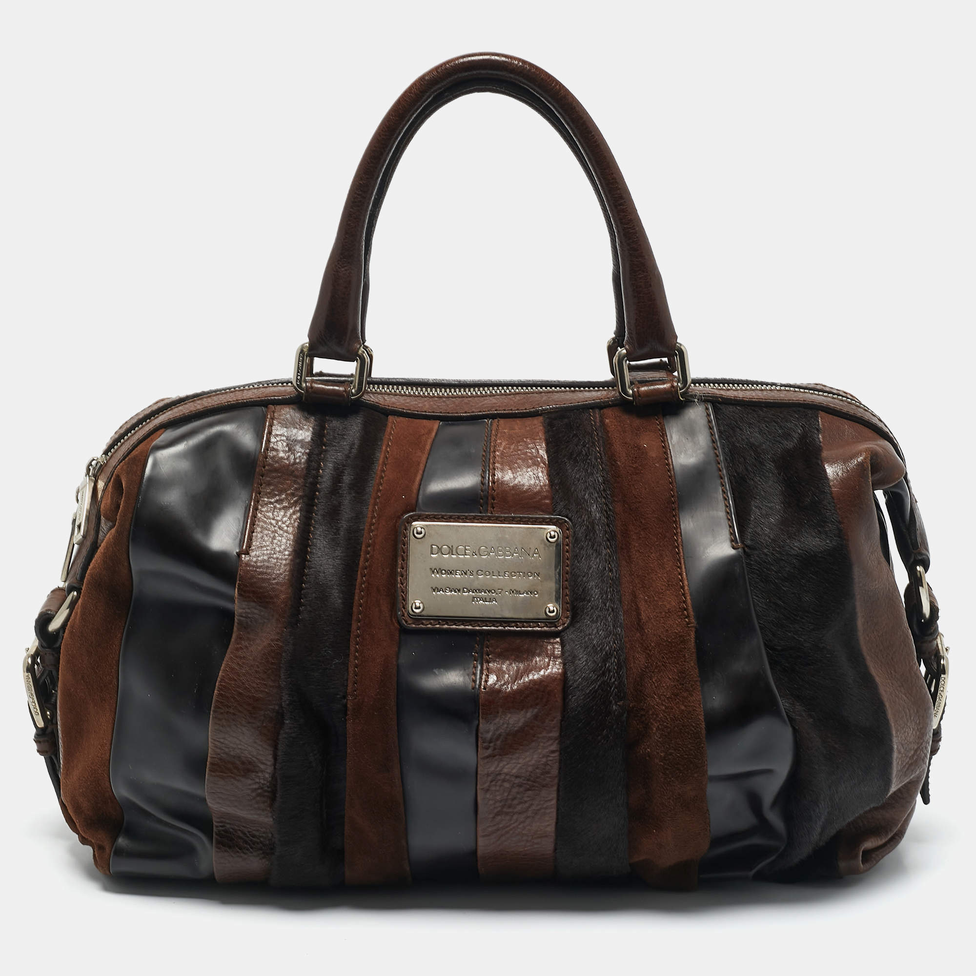 Dolce & Gabbana Two Tone Brown Calf Hair and Mix Leather Miss Urbanette Satchel