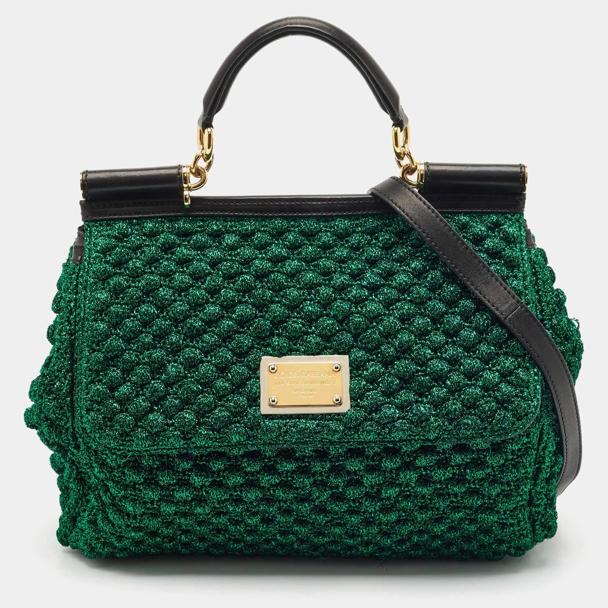 Dolce & Gabbana Metallic Green Crochet Lurex Fabric Large Miss Sicily Top Handle Bag