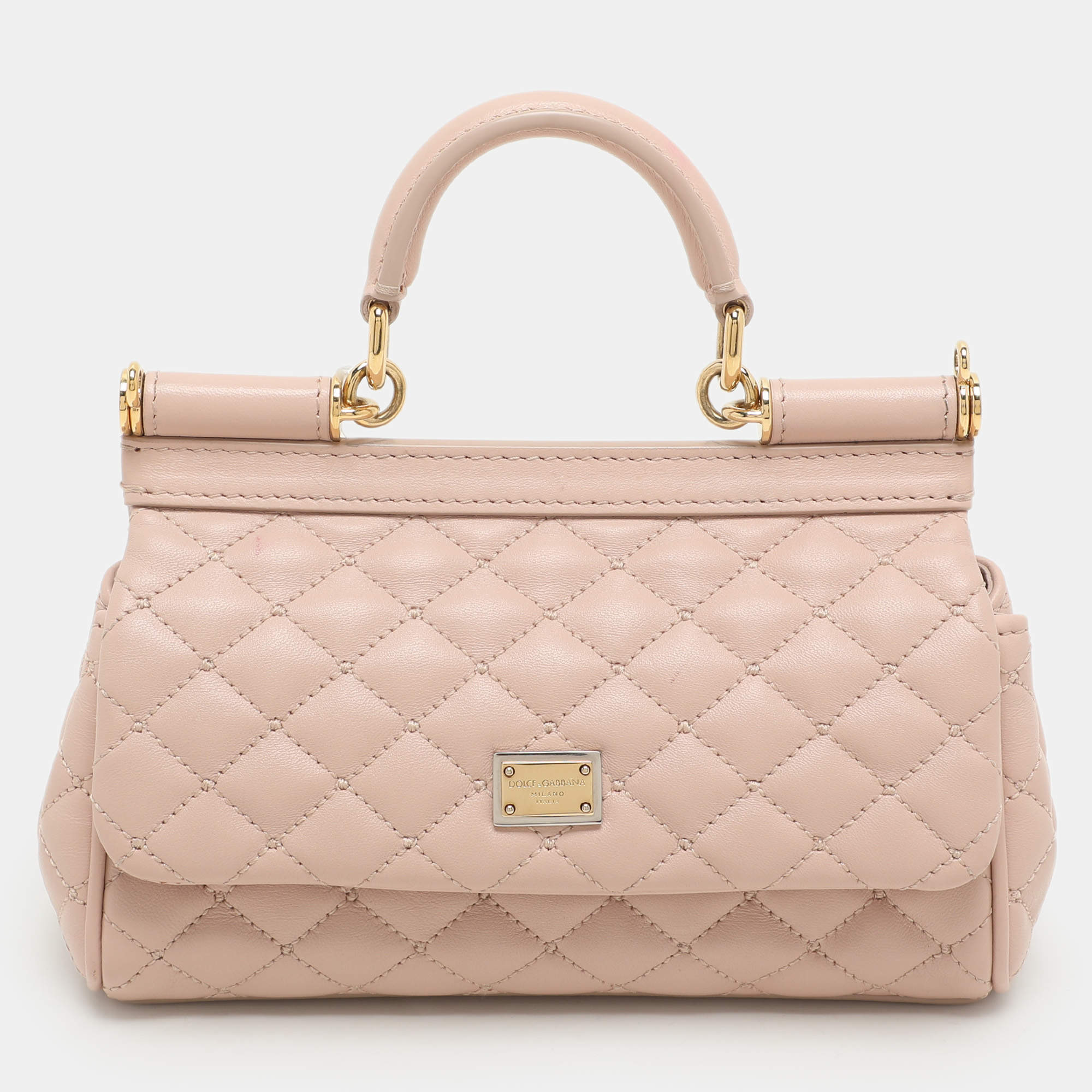 Pre Owned Dolce & Gabbana Nude Pink Quilted Leather Mini Miss Sicily Top Handle Bag