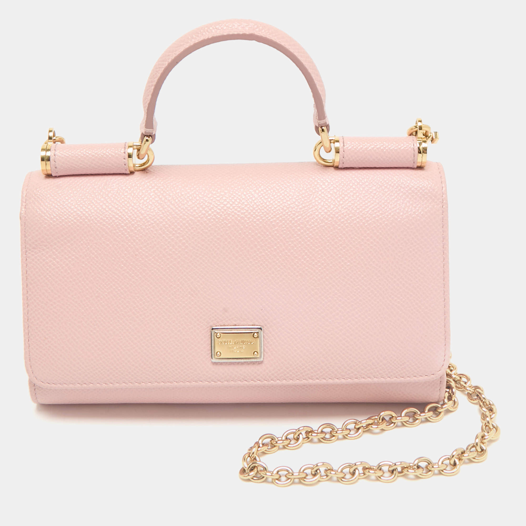 Pre Owned Dolce & Gabbana Light Pink Leather Miss Sicily Von Wallet On Chain